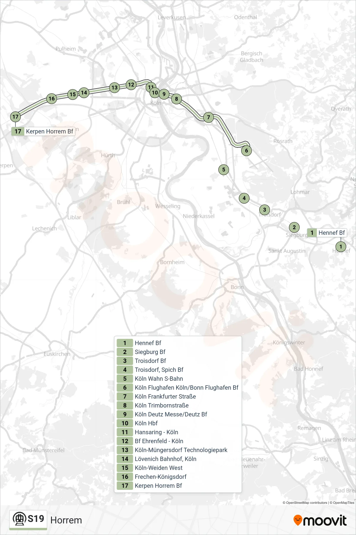 Linie S19 (U-Bahn) Richtung Horrem: Route und Haltestellen auf der Karte