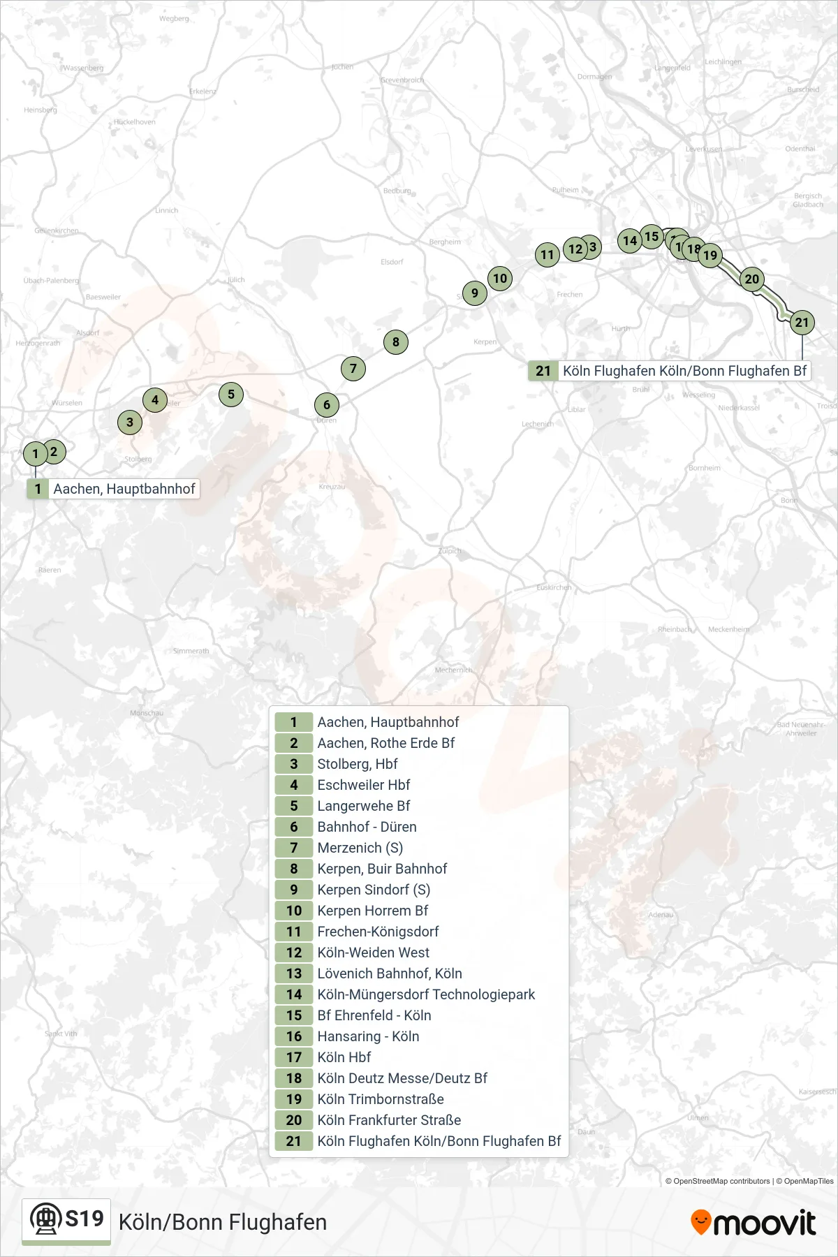 S19 subway Line (Köln/Bonn Flughafen) route and stops on a map