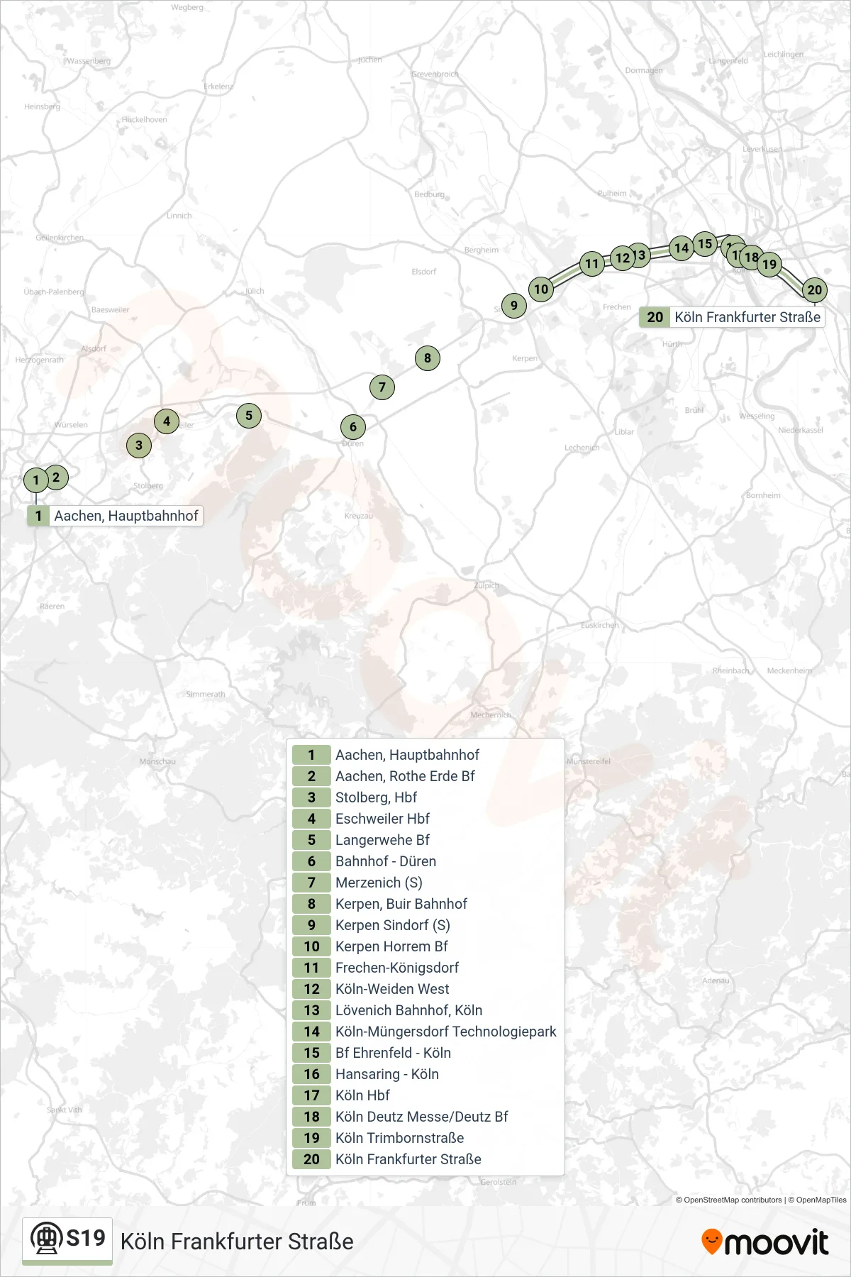 S19 subway Line (Köln Frankfurter Straße) route and stops on a map