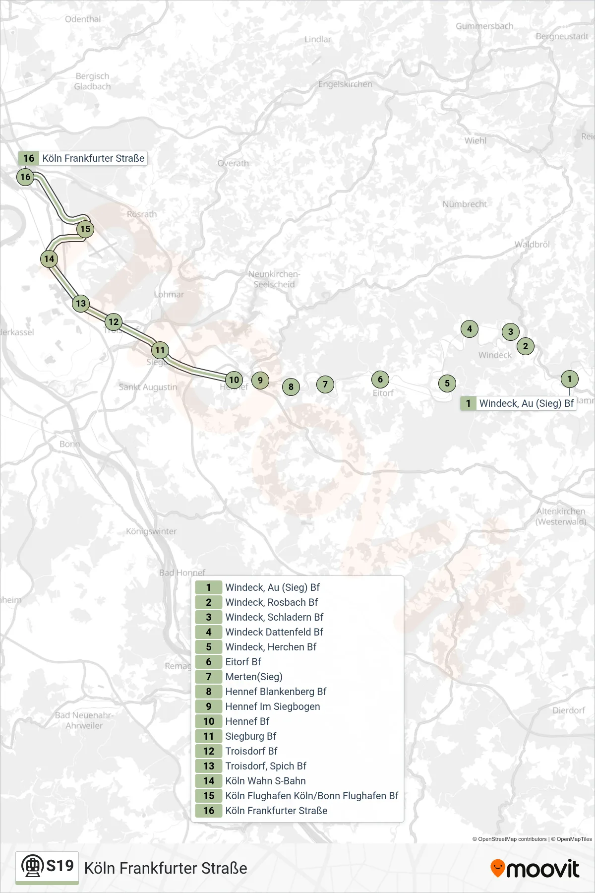 Linie S19 (U-Bahn) Richtung Köln Frankfurter Straße: Route und Haltestellen auf der Karte