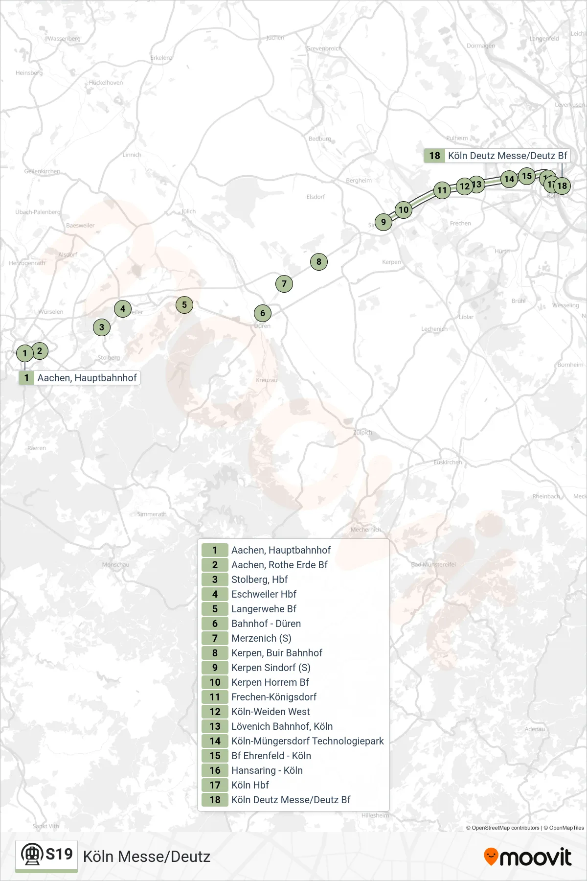 S19 subway Line (Köln Messe/Deutz) route and stops on a map