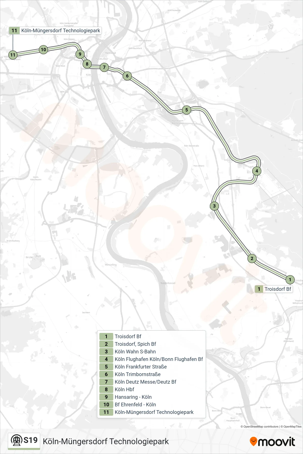 Linie S19 (U-Bahn) Richtung Köln-Müngersdorf Technologiepark: Route und Haltestellen auf der Karte