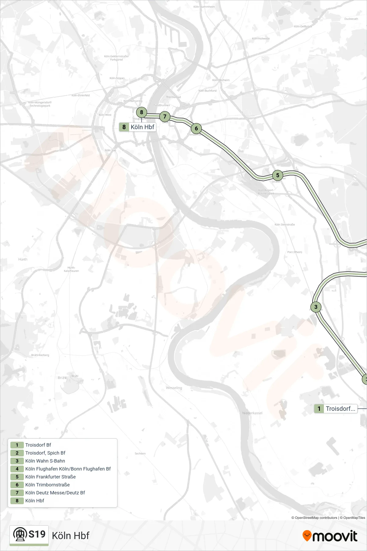Linie S19 (U-Bahn) Richtung Köln Hbf: Route und Haltestellen auf der Karte