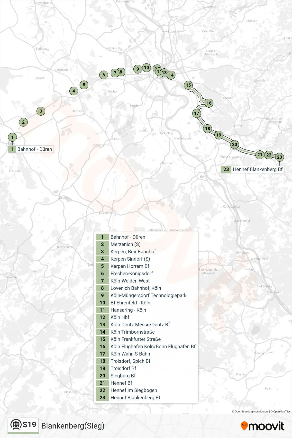 S19 subway Line (Blankenberg(Sieg)) route and stops on a map