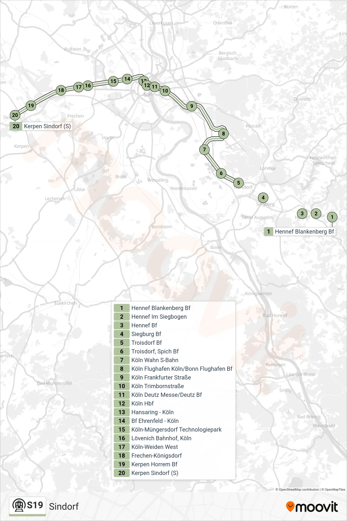 Linie S19 (U-Bahn) Richtung Sindorf: Route und Haltestellen auf der Karte