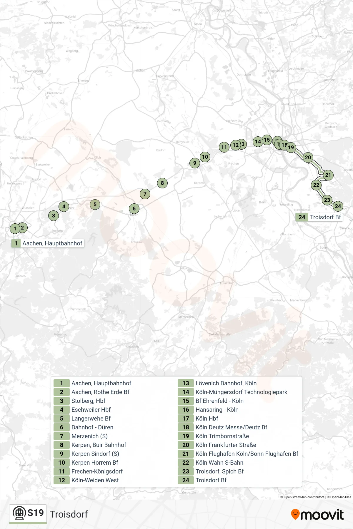 Linie S19 (U-Bahn) Richtung Troisdorf: Route und Haltestellen auf der Karte