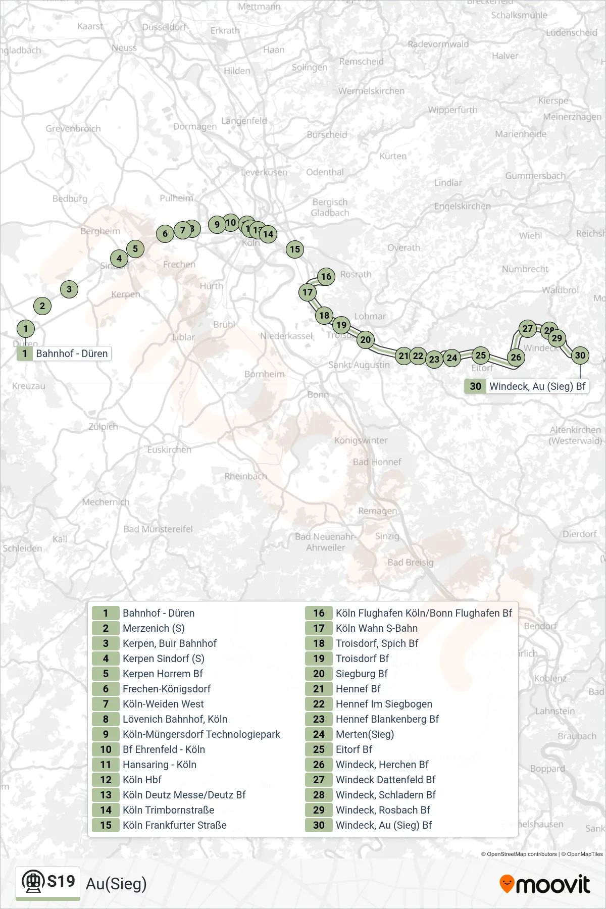 Linie S19 (U-Bahn) Richtung Au(Sieg): Route und Haltestellen auf der Karte