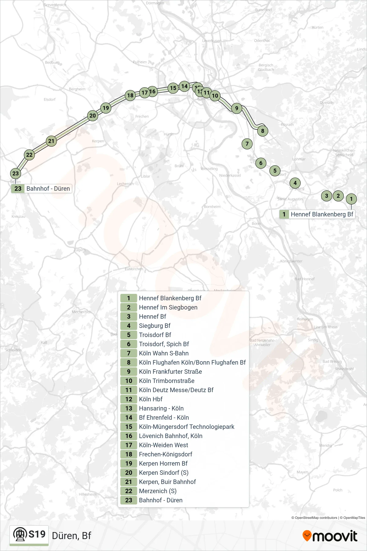 Linie S19 (U-Bahn) Richtung Düren, Bf: Route und Haltestellen auf der Karte