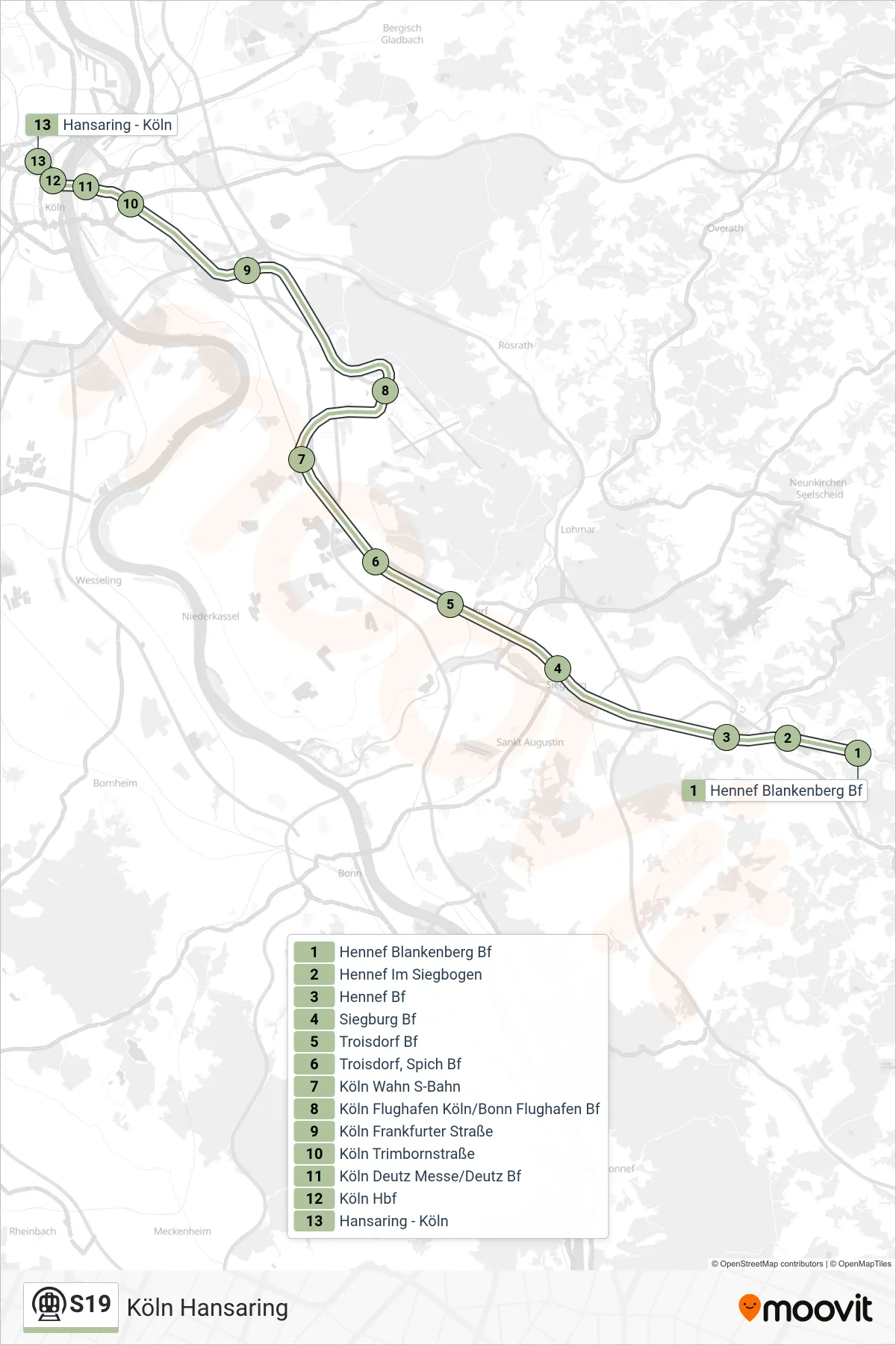 Linie S19 (U-Bahn) Richtung Köln Hansaring: Route und Haltestellen auf der Karte