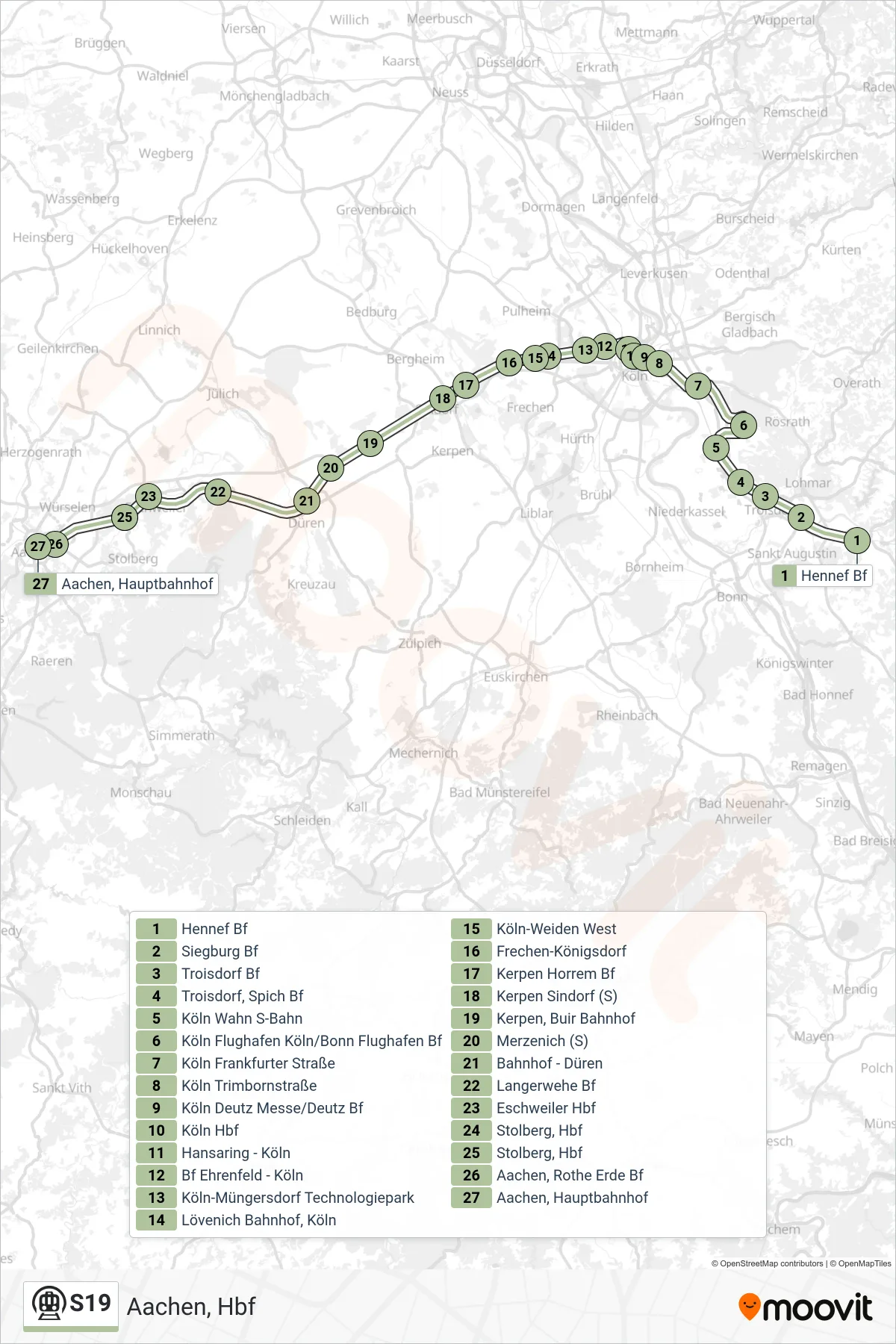 Linie S19 (U-Bahn) Richtung Aachen, Hbf: Route und Haltestellen auf der Karte