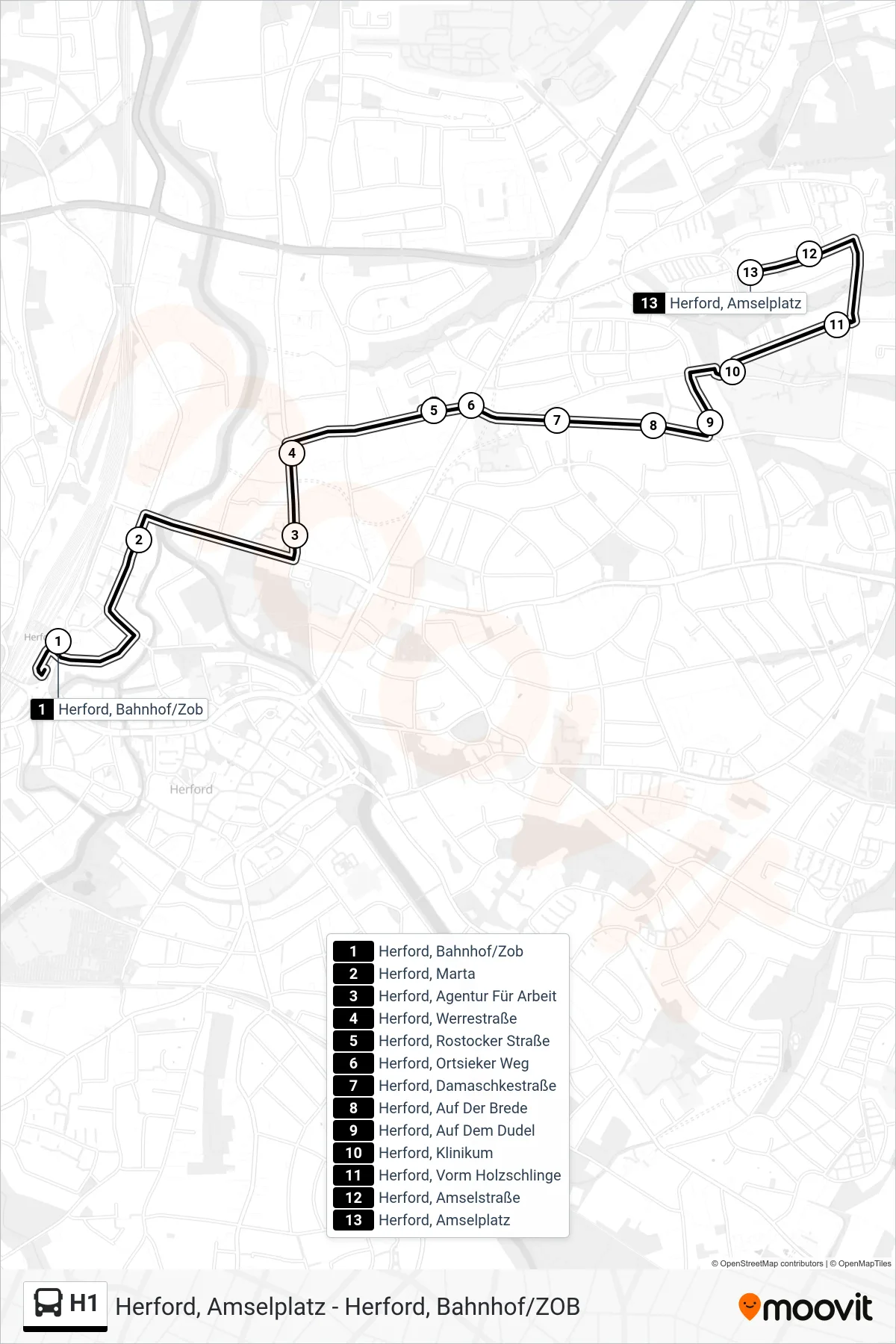 Linie H1 (Bus) Richtung Herford, Amselplatz: Route und Haltestellen auf der Karte
