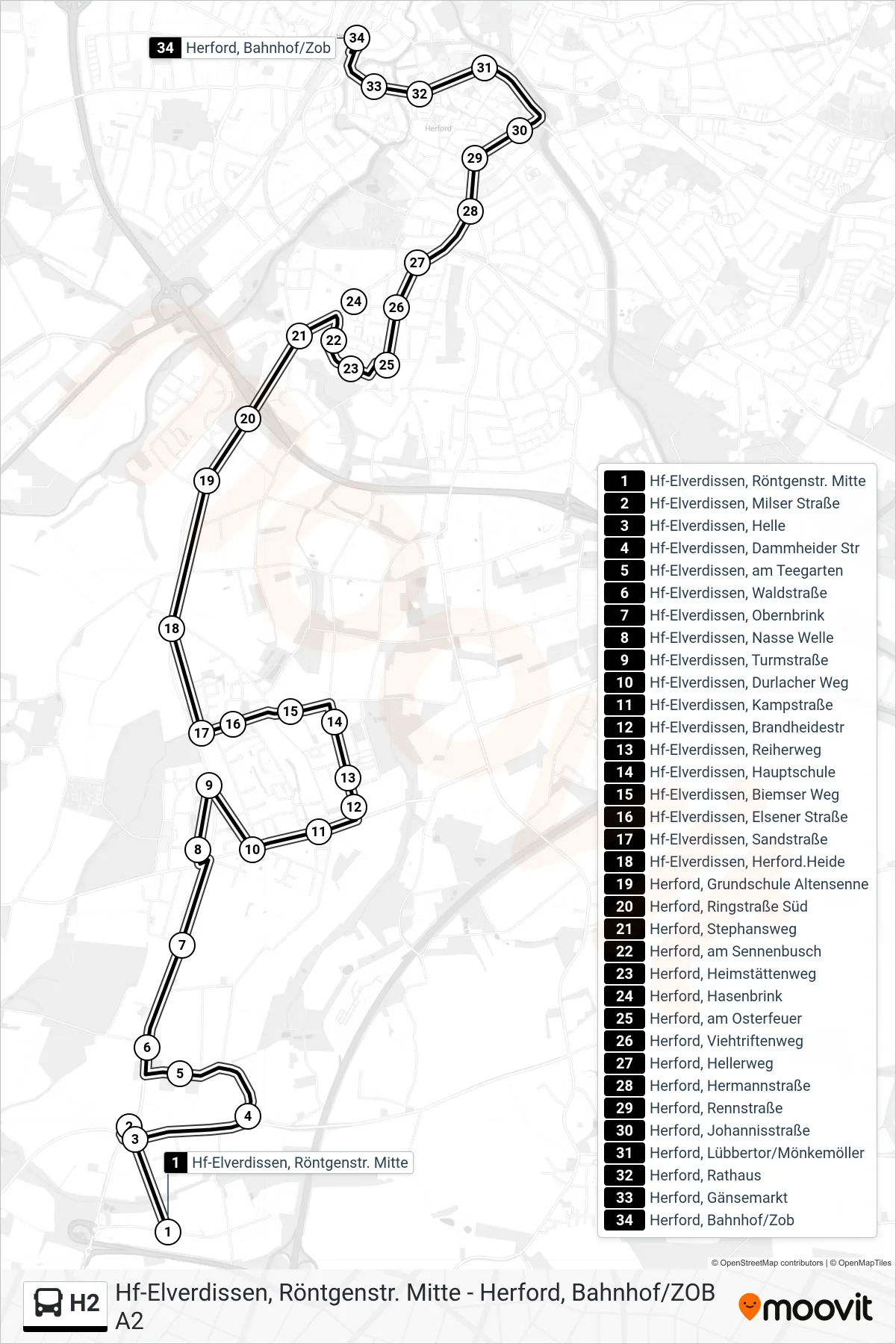 H2 bus Line (Herford, Bahnhof/Zob A2) route and stops on a map