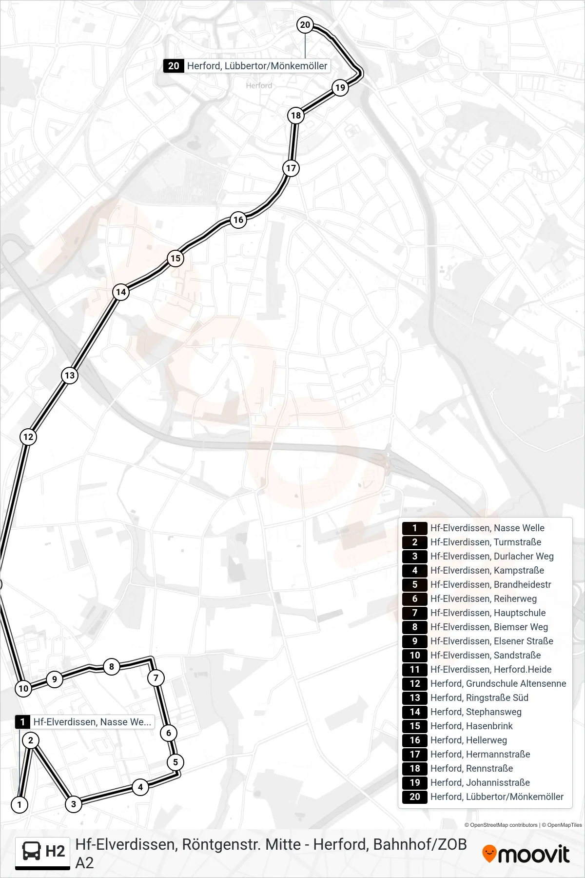 Linie H2 (Bus) Richtung Herford, Lübbertor/Mönkemöller: Route und Haltestellen auf der Karte