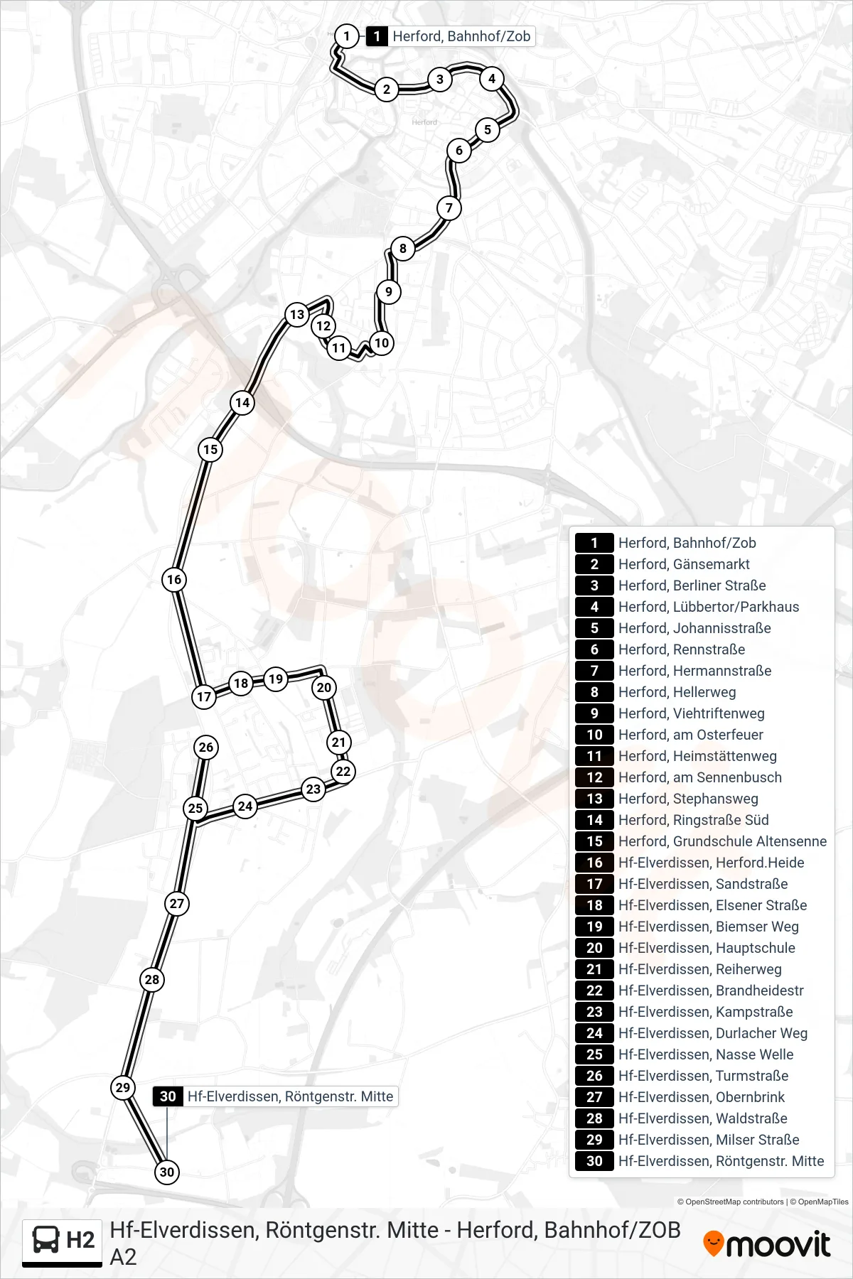 H2 bus Line (Hf-Elverdissen, Röntgenstr. Mitte) route and stops on a map