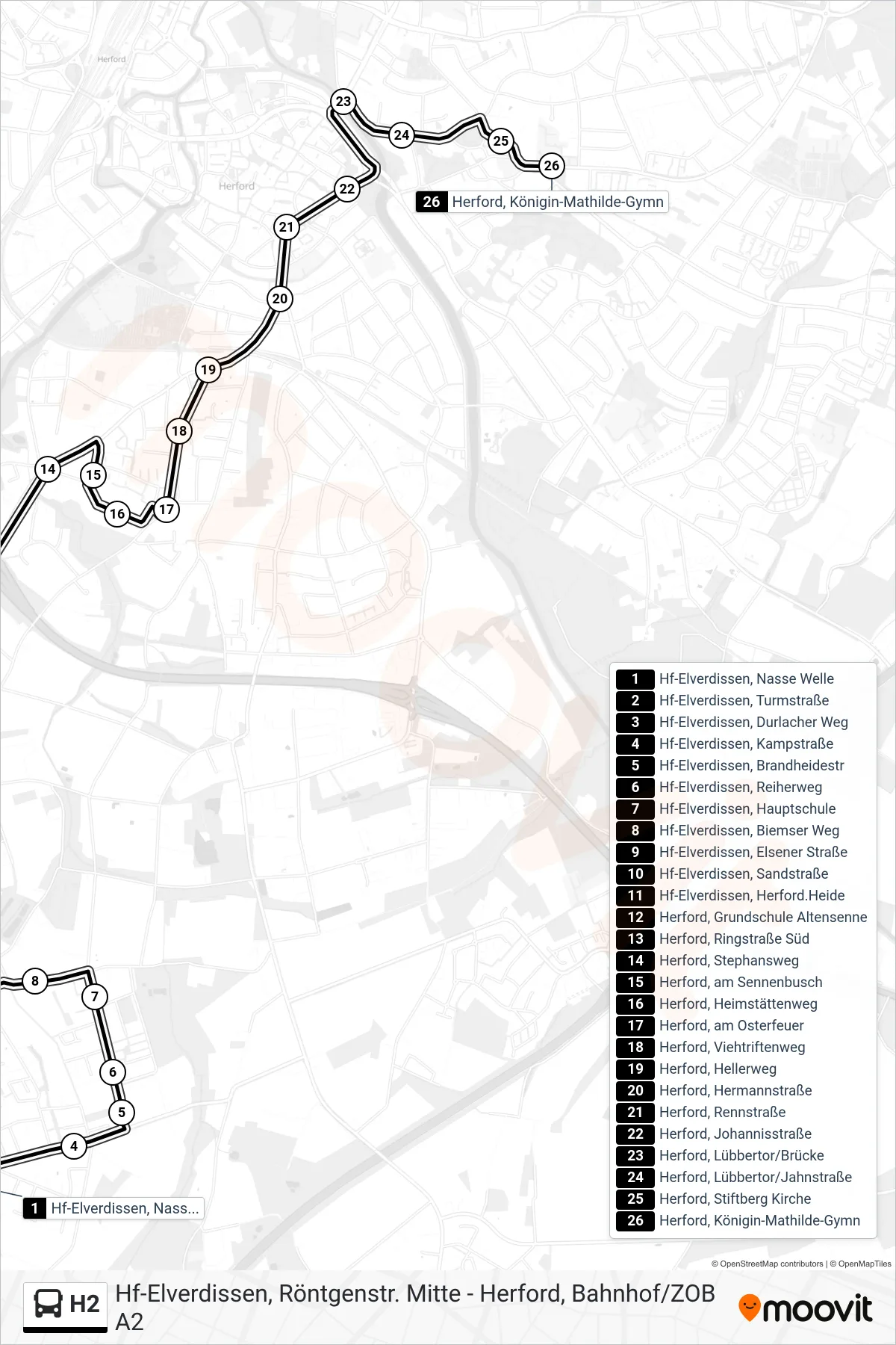 H2 bus Line (Herford, Königin-Mathilde-Gymn) route and stops on a map