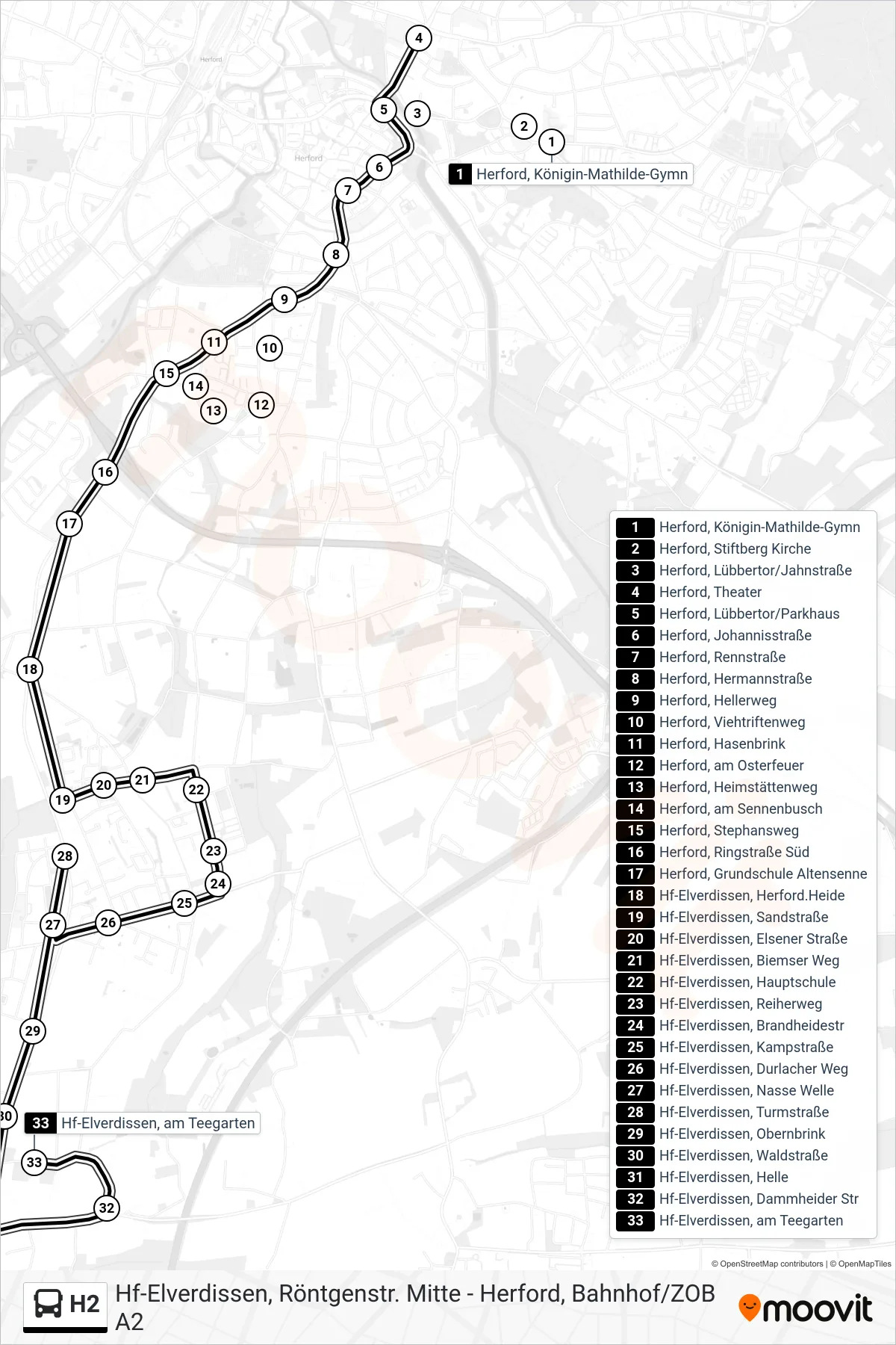H2 bus Line (Hf-Elverdissen, am Teegarten) route and stops on a map