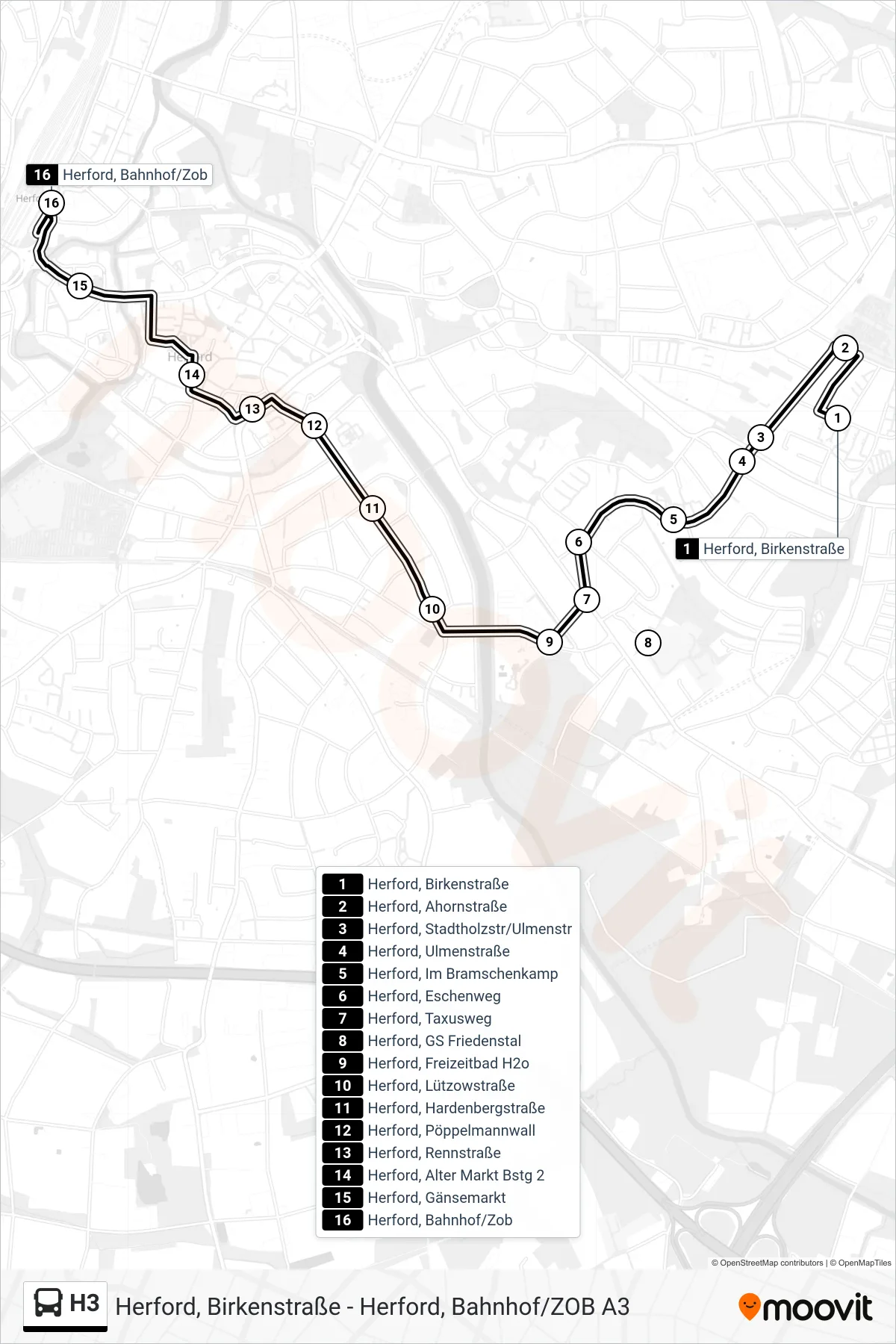 Linie H3 (Bus) Richtung Herford, Bahnhof/Zob A3: Route und Haltestellen auf der Karte