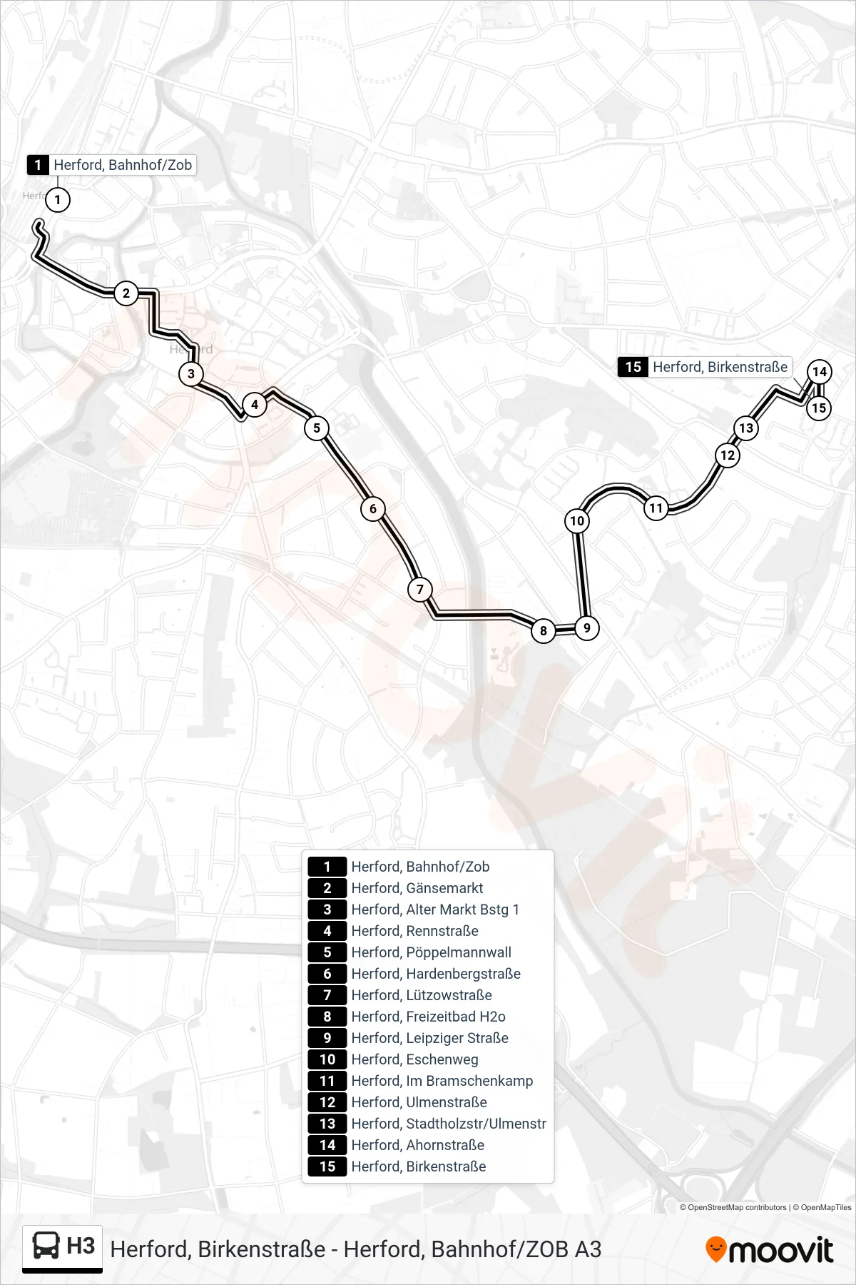 H3 bus Line (Herford, Birkenstraße) route and stops on a map