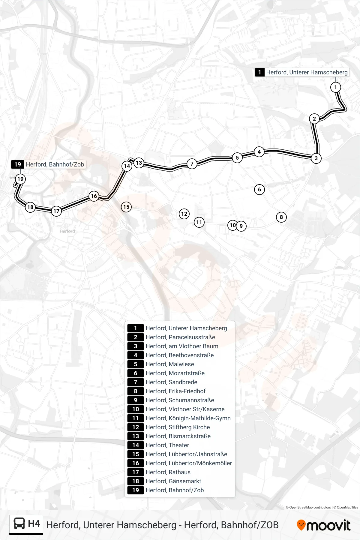 Linie H4 (Bus) Richtung Herford, Bahnhof/Zob: Route und Haltestellen auf der Karte