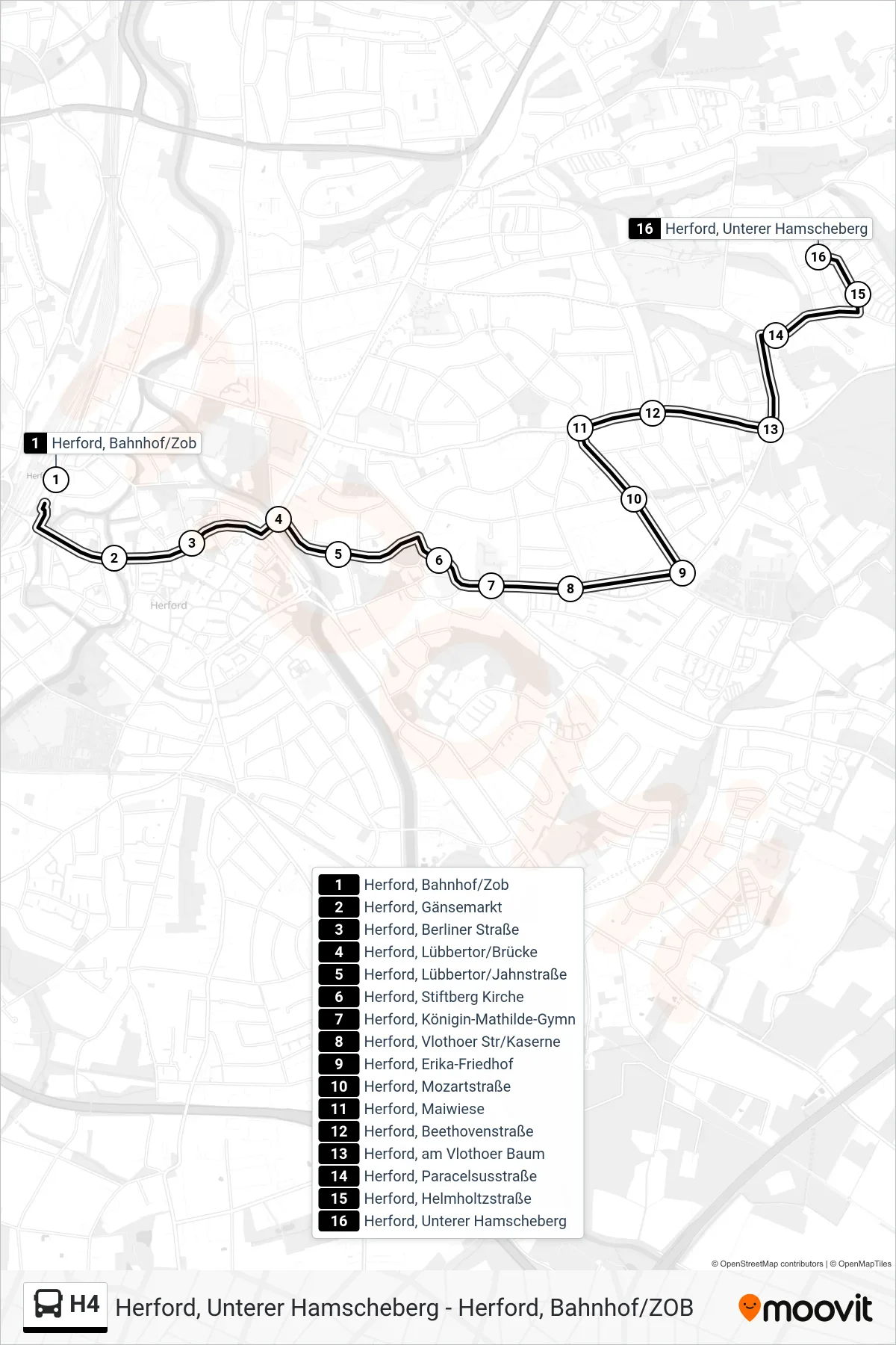 H4 bus Line (Herford, Unterer Hamscheberg) route and stops on a map
