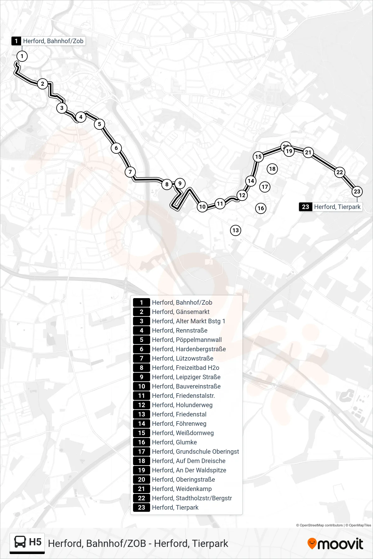 H5 bus Line (Herford, Tierpark) route and stops on a map