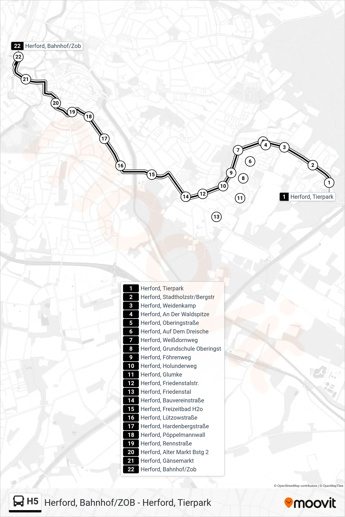 Linie H5 (Bus) Richtung Herford, Bahnhof/Zob A3: Route und Haltestellen auf der Karte