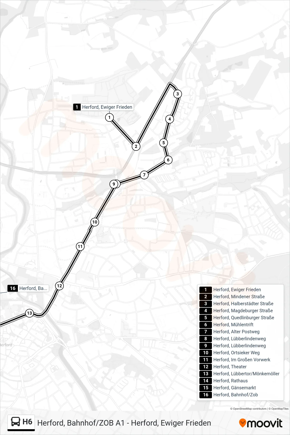 Linie H6 (Bus) Richtung Herford, Bahnhof/Zob A1: Route und Haltestellen auf der Karte