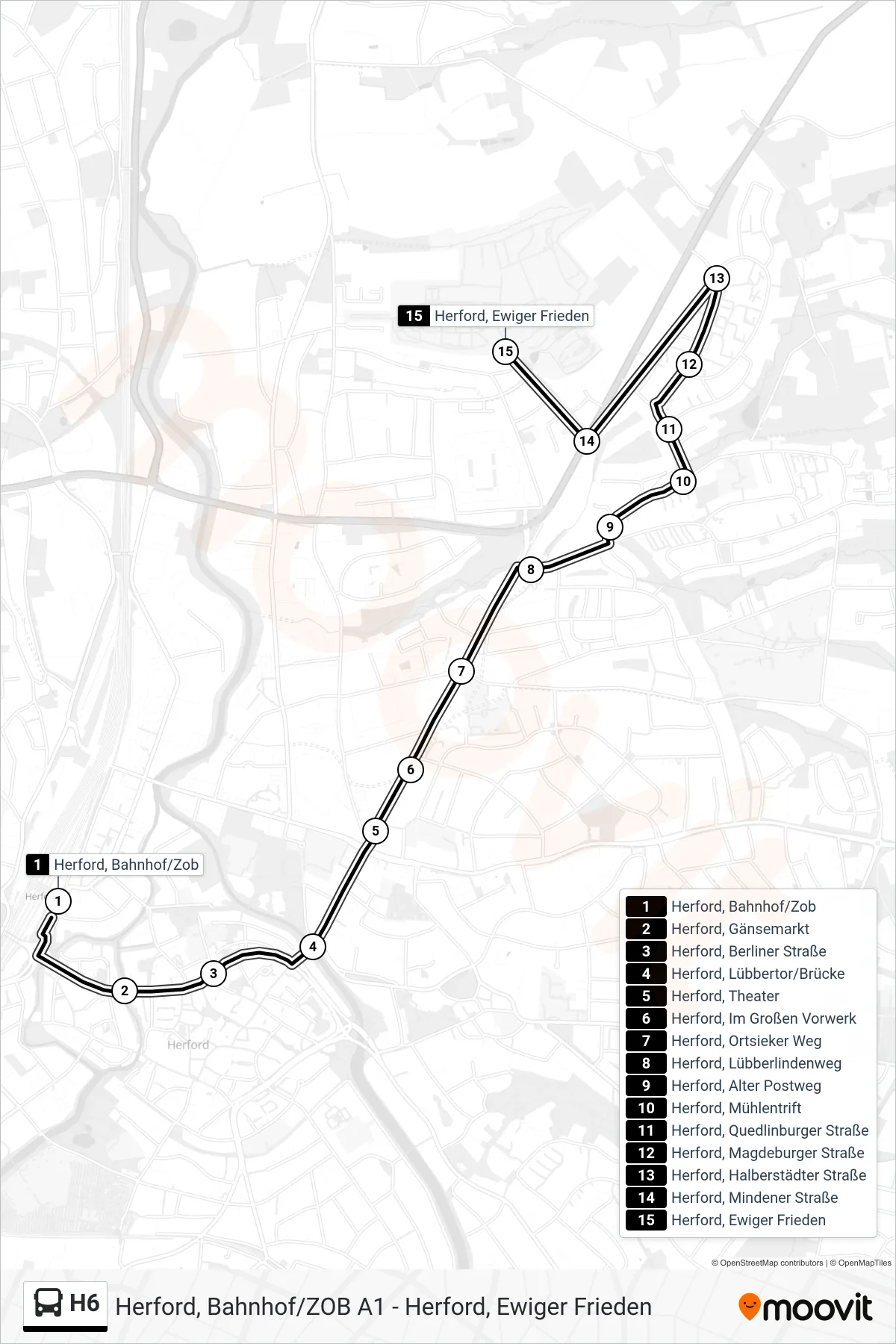 Linie H6 (Bus) Richtung Herford, Ewiger Frieden: Route und Haltestellen auf der Karte