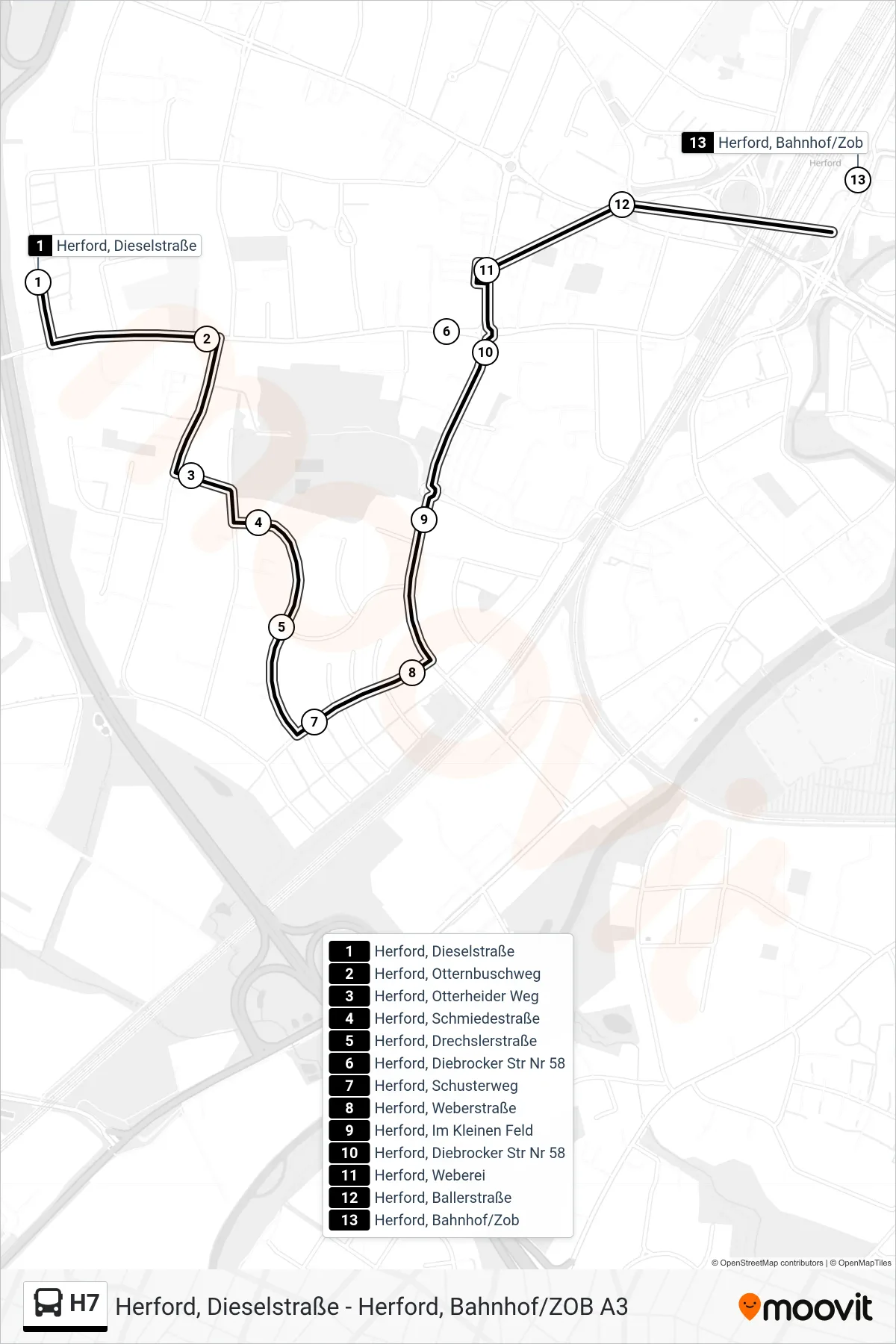 Linie H7 (Bus) Richtung Herford, Bahnhof/Zob A3: Route und Haltestellen auf der Karte
