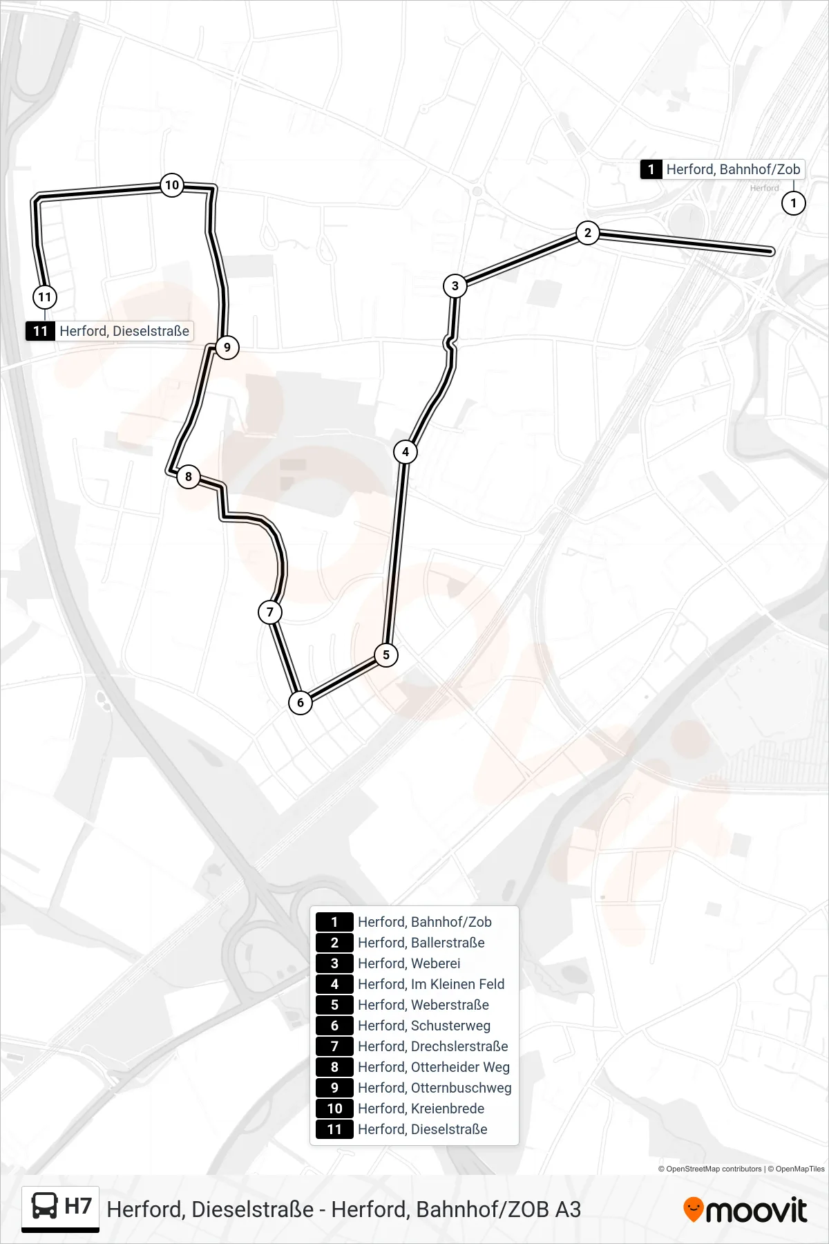 H7 bus Line (Herford, Dieselstraße) route and stops on a map
