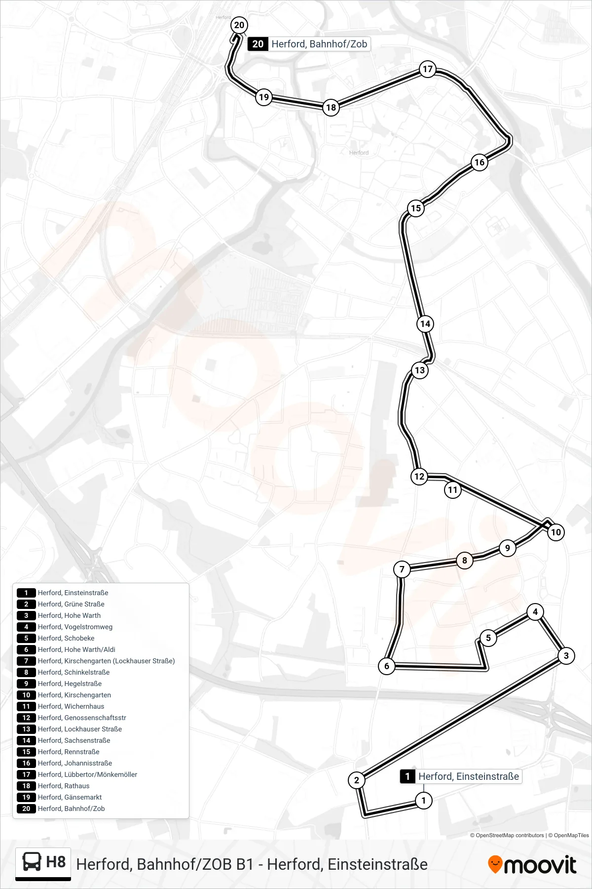H8 bus Line (Herford, Bahnhof/Zob A1) route and stops on a map