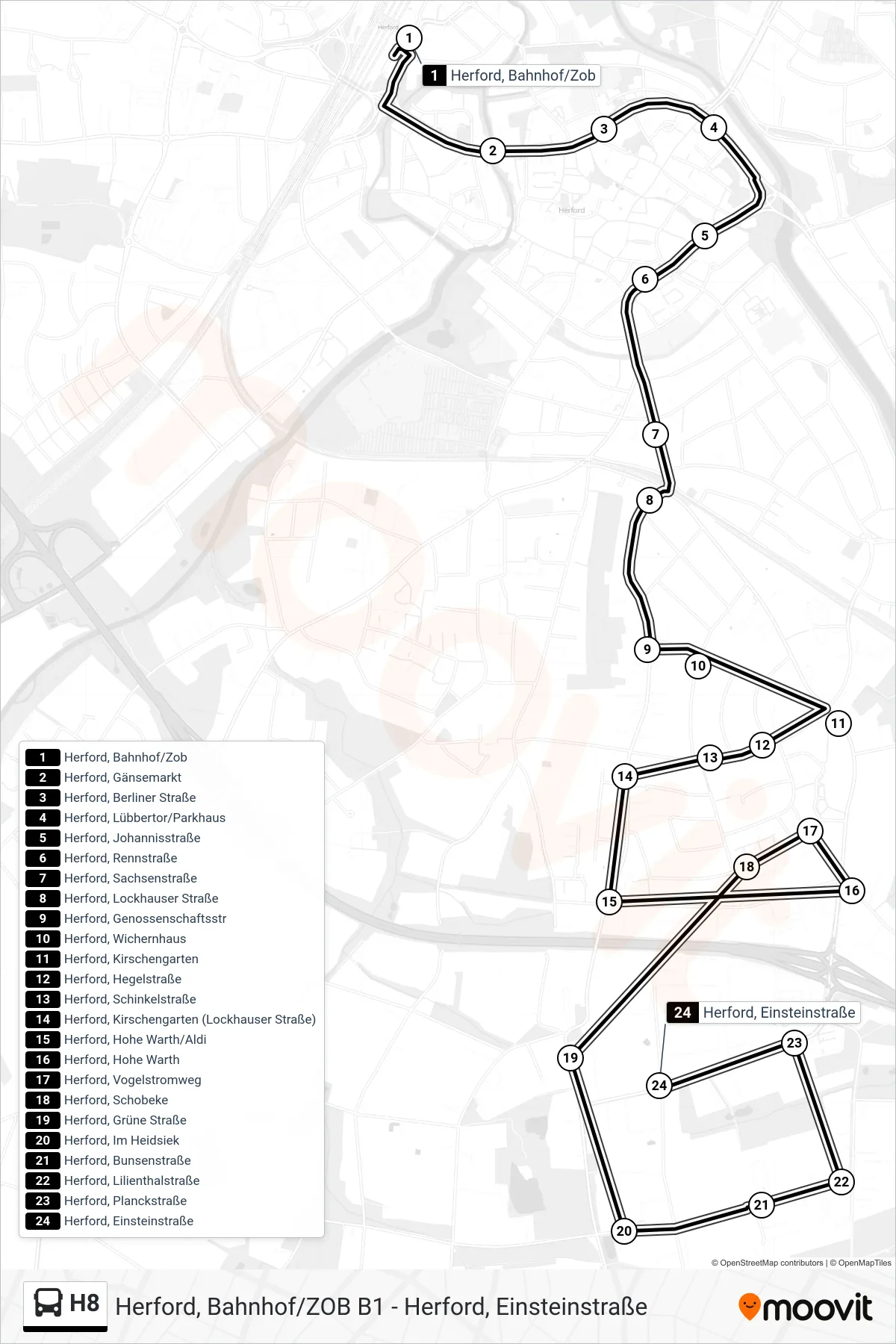 H8 bus Line (Herford, Einsteinstraße) route and stops on a map