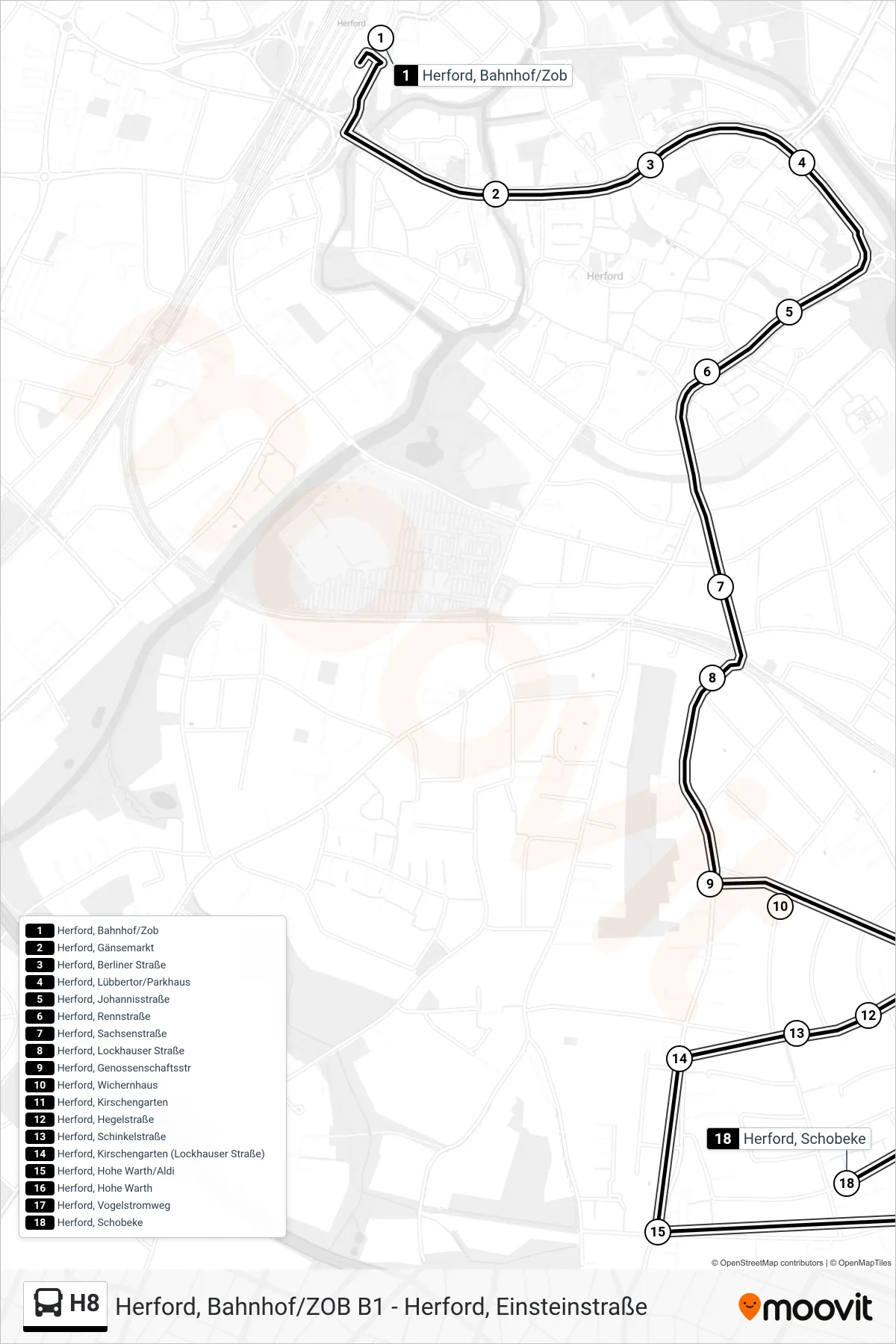 H8 bus Line (Herford, Schobeke) route and stops on a map
