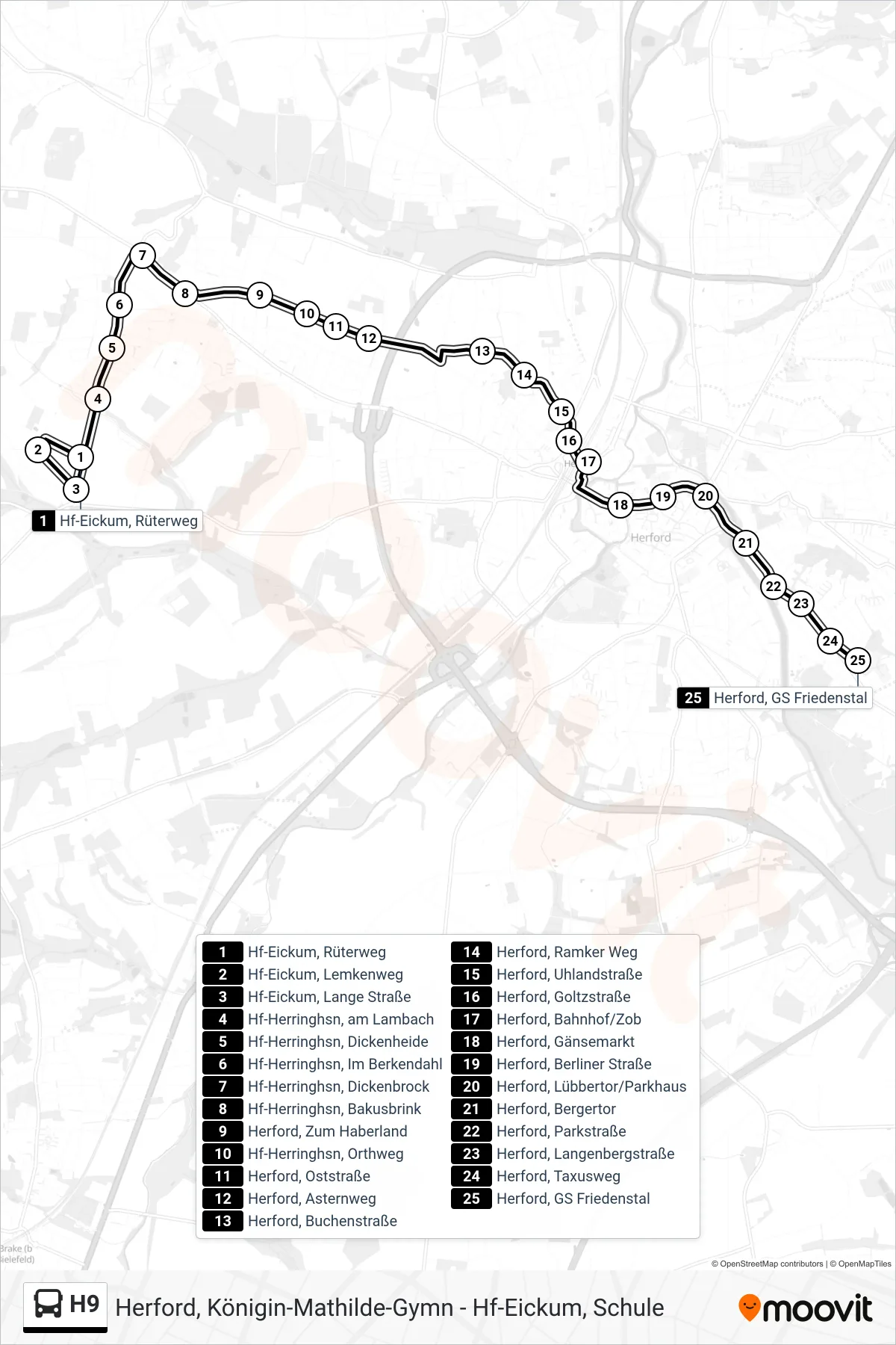 H9 bus Line (Herford, GS Friedenstal) route and stops on a map