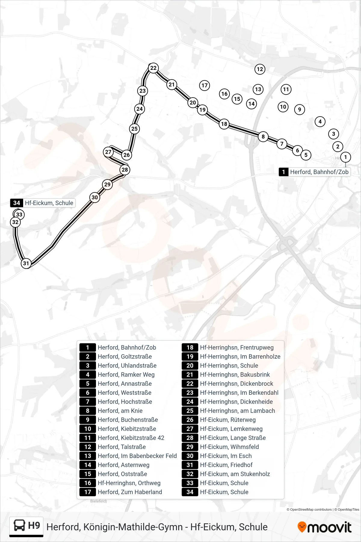 H9 bus Line (Hf-Eickum, Schule) route and stops on a map