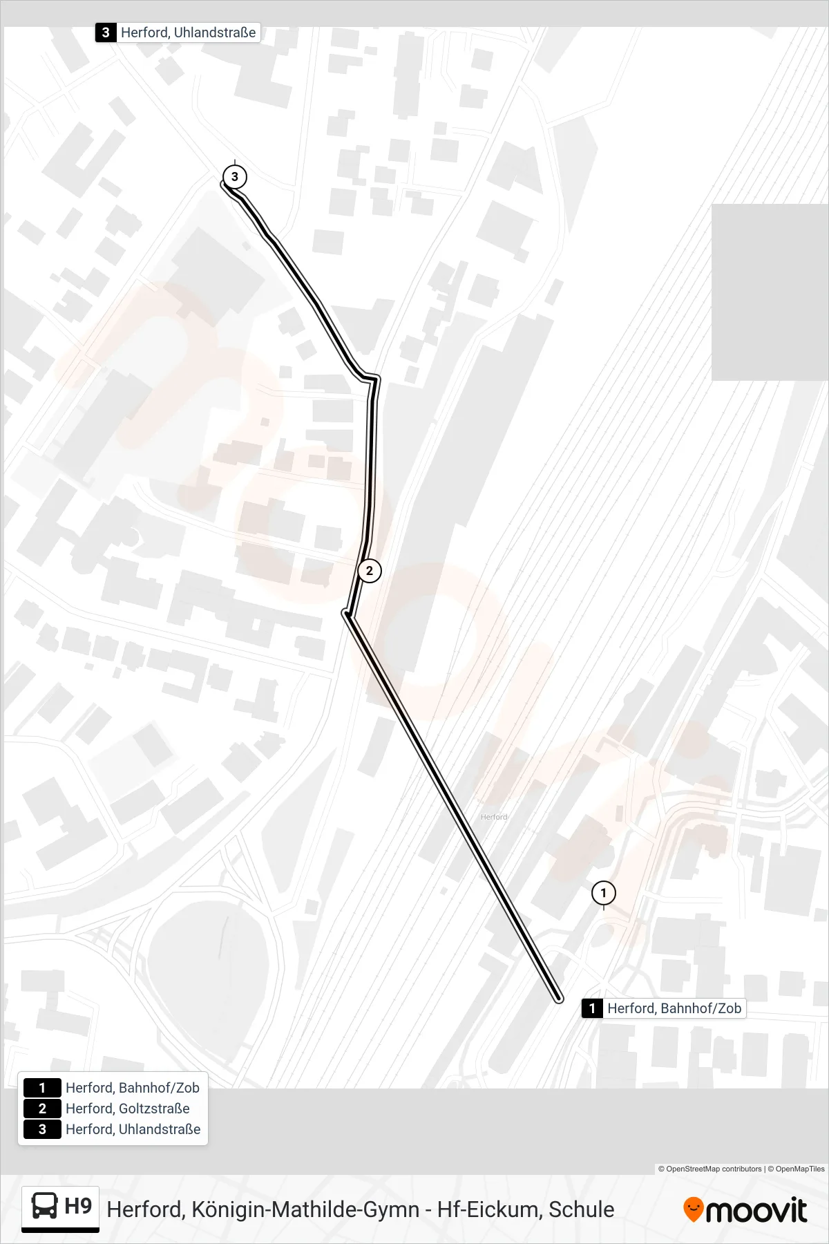 H9 bus Line (Herford, Uhlandstraße) route and stops on a map