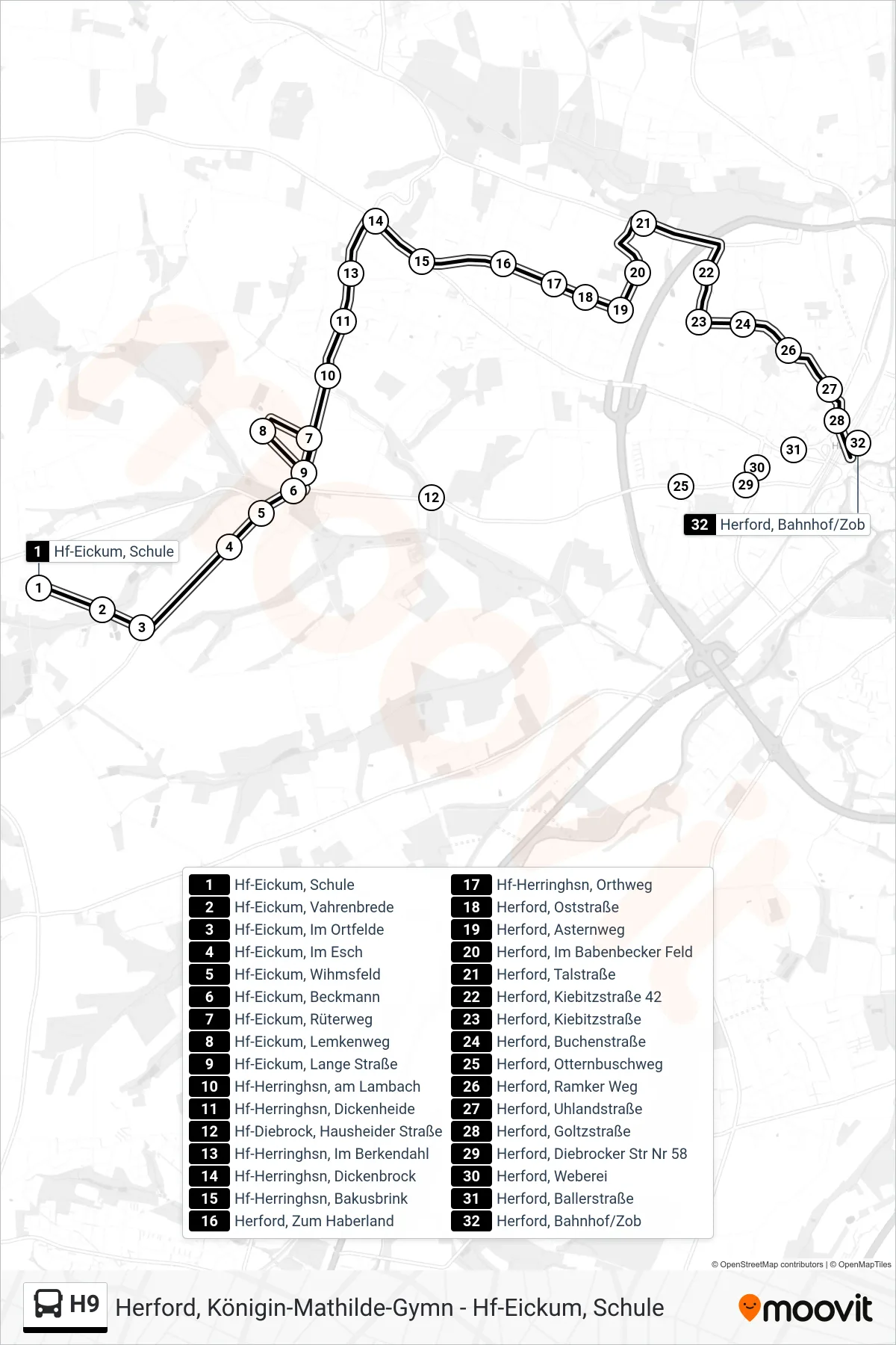Linie H9 (Bus) Richtung Herford, Bahnhof/Zob A3: Route und Haltestellen auf der Karte