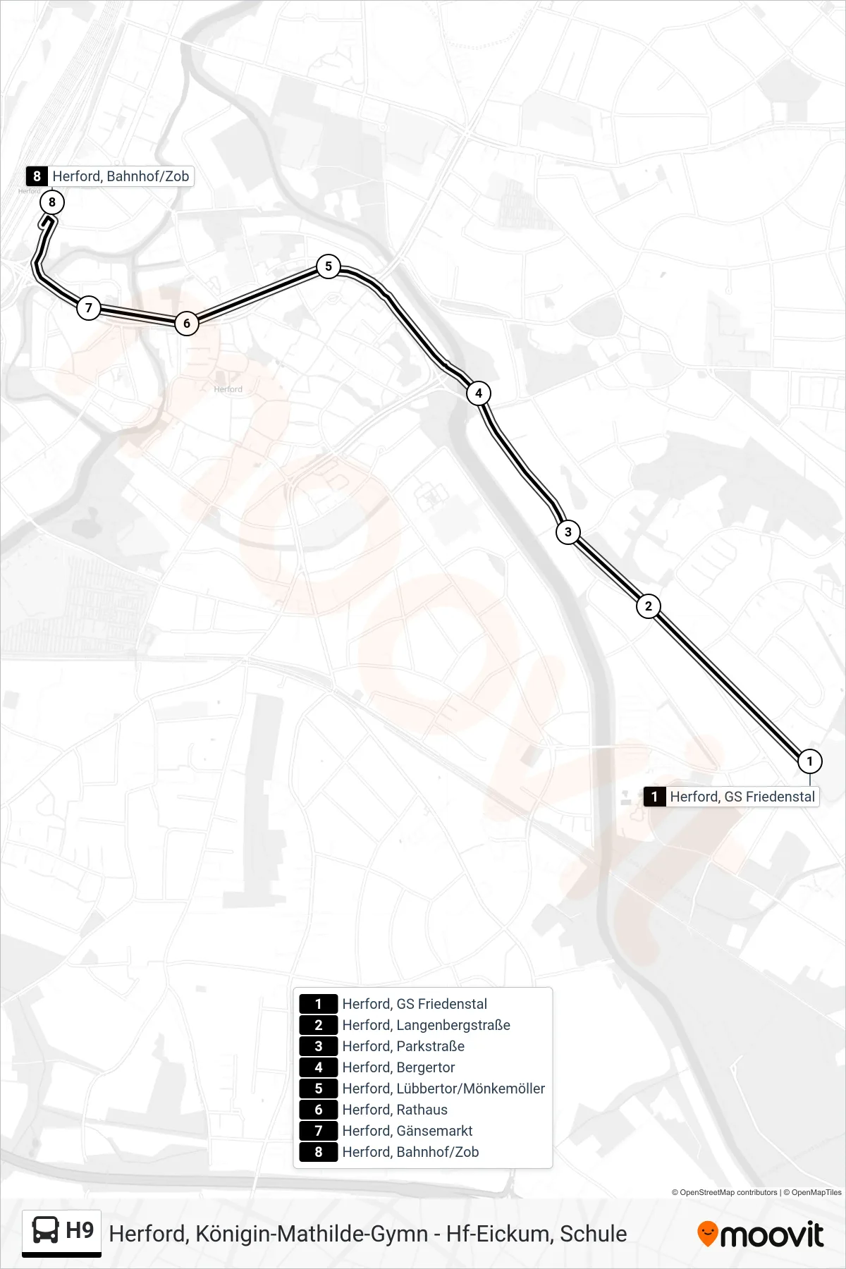 H9 bus Line (Herford, Bahnhof/Zob A1) route and stops on a map