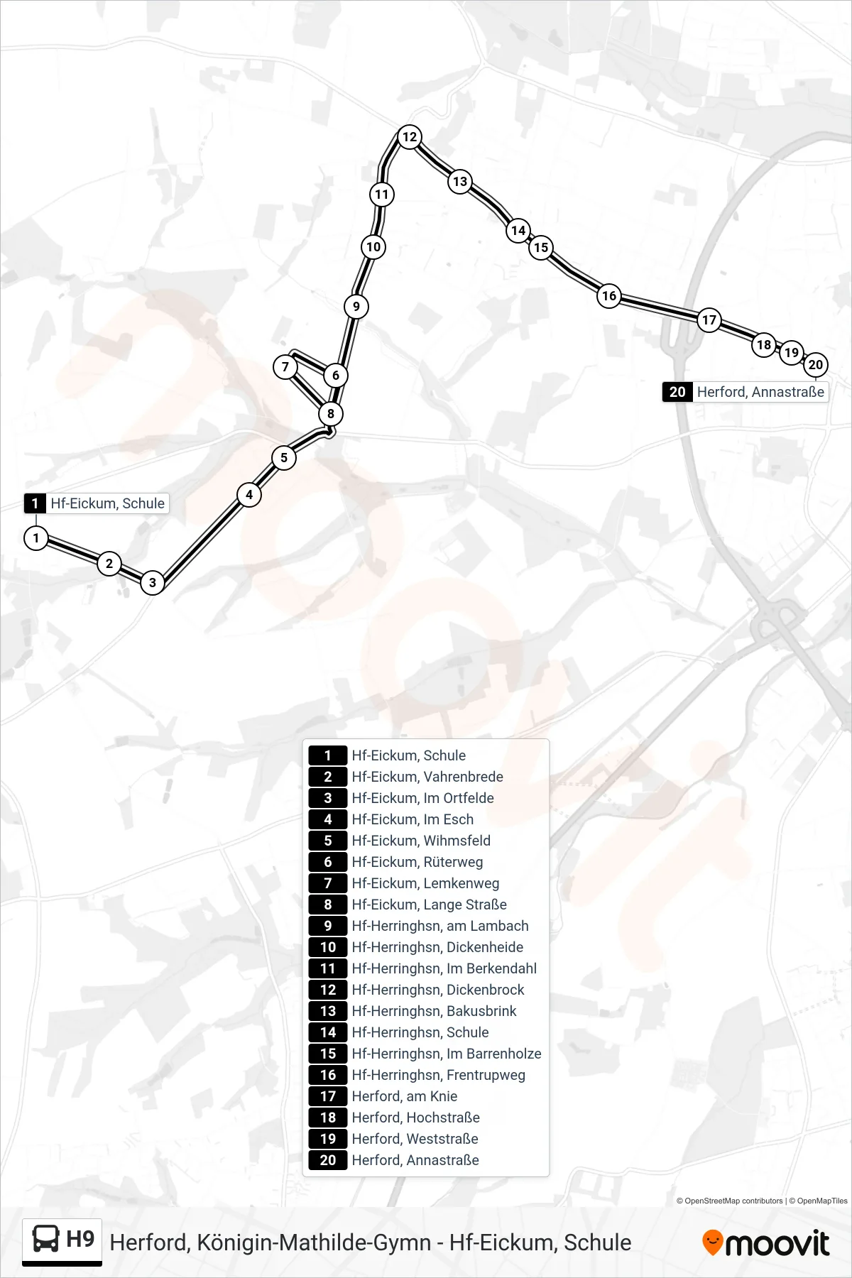 H9 bus Line (Herford, Annastraße) route and stops on a map