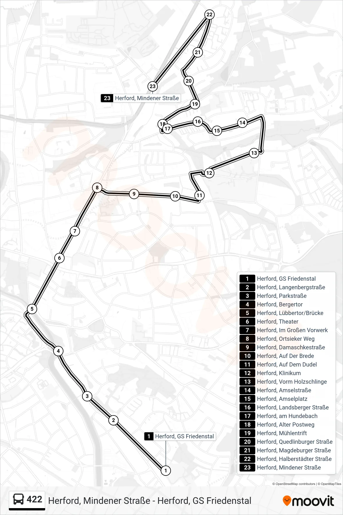 422 bus Line (Herford, Mindener Straße) route and stops on a map