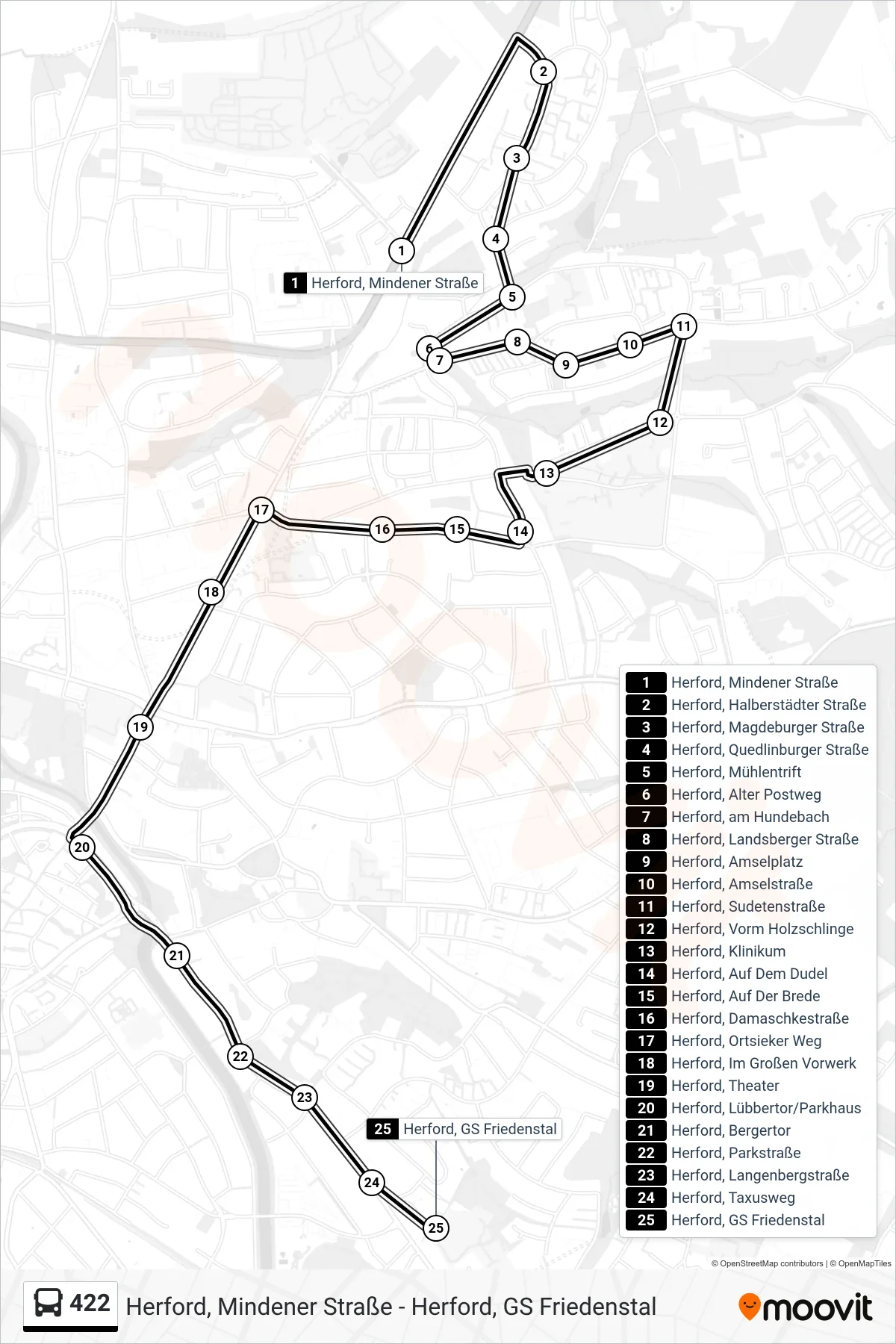 Linie 422 (Bus) Richtung Herford, GS Friedenstal: Route und Haltestellen auf der Karte