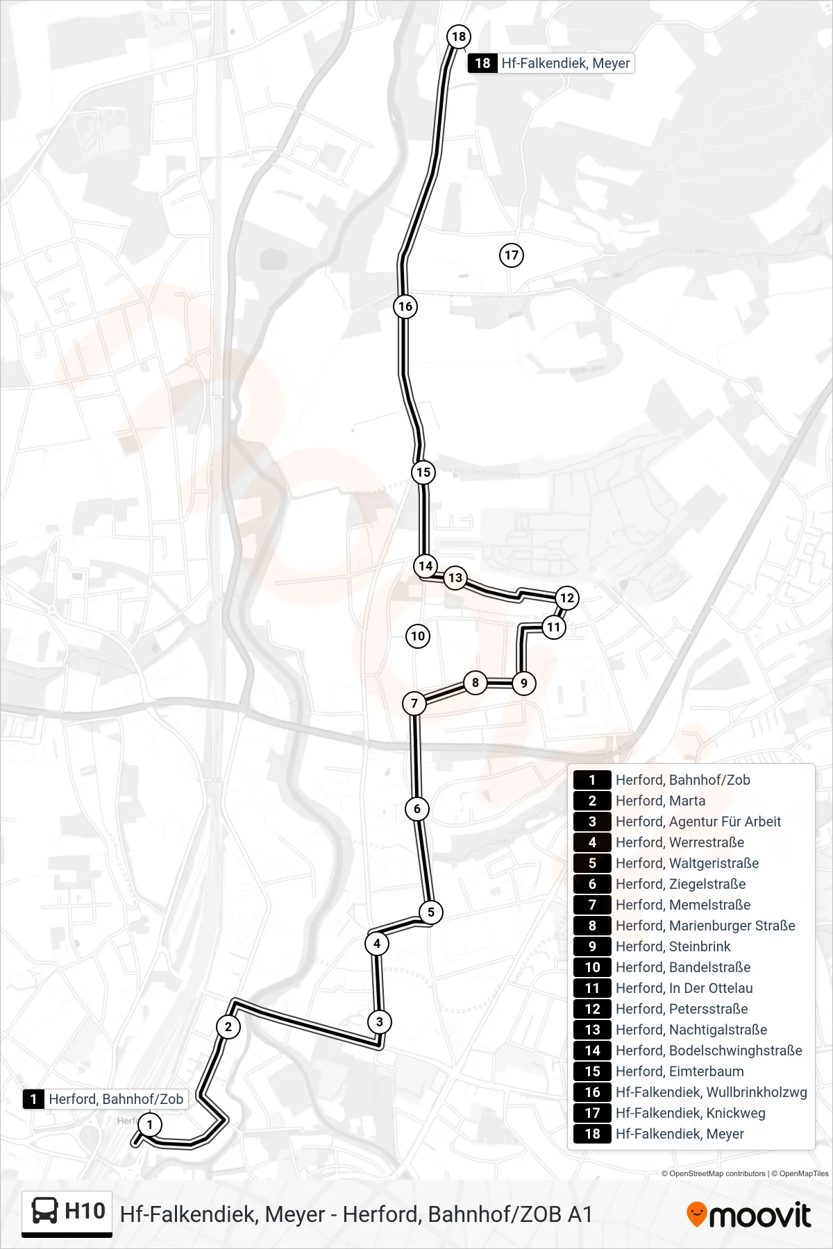 H10 bus Line (Hf-Falkendiek, Meyer) route and stops on a map