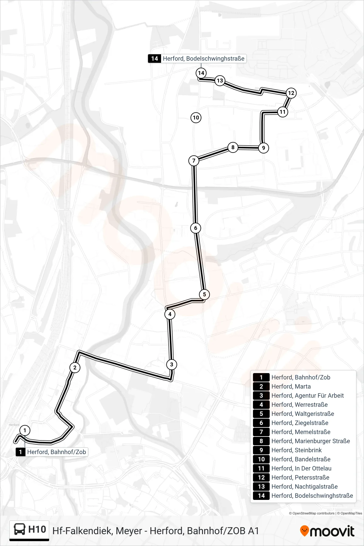 Linie H10 (Bus) Richtung Herford, Bodelschwinghstraße: Route und Haltestellen auf der Karte