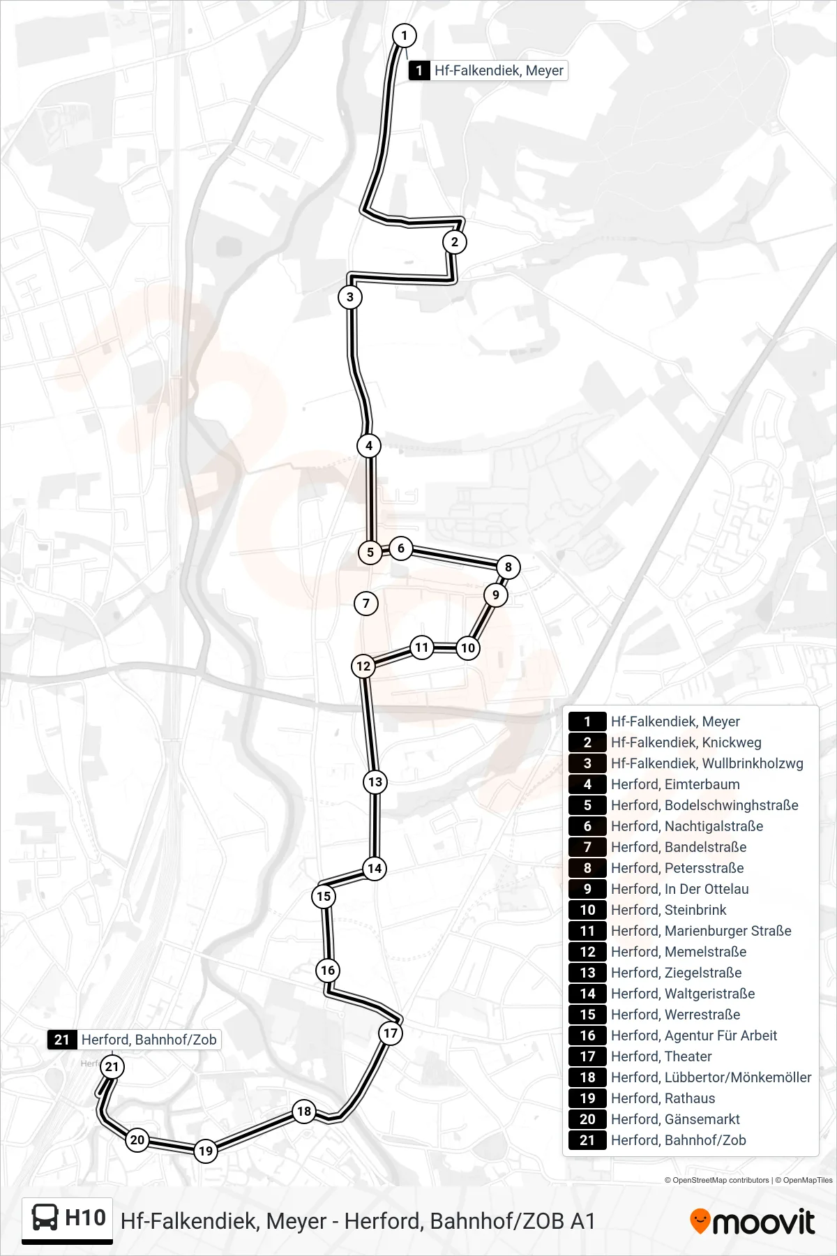 H10 bus Line (Herford, Bahnhof/Zob A3) route and stops on a map