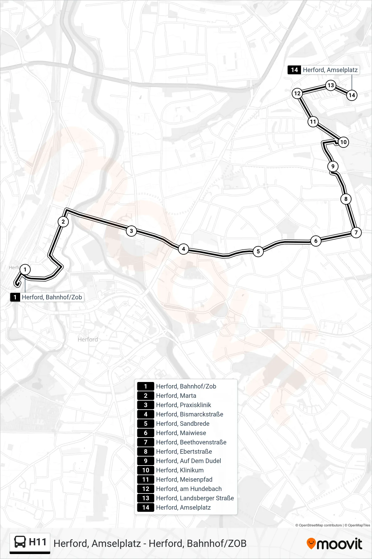 Linie H11 (Bus) Richtung Herford, Amselplatz: Route und Haltestellen auf der Karte