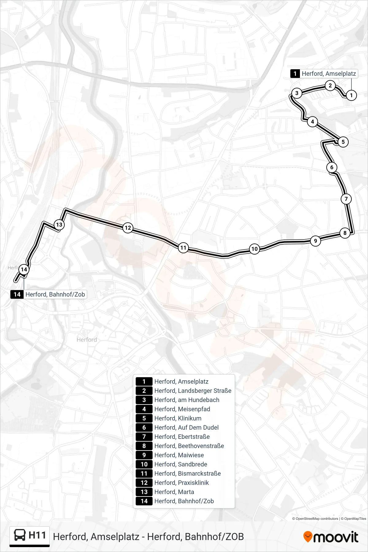 H11 bus Line (Herford, Bahnhof/Zob) route and stops on a map