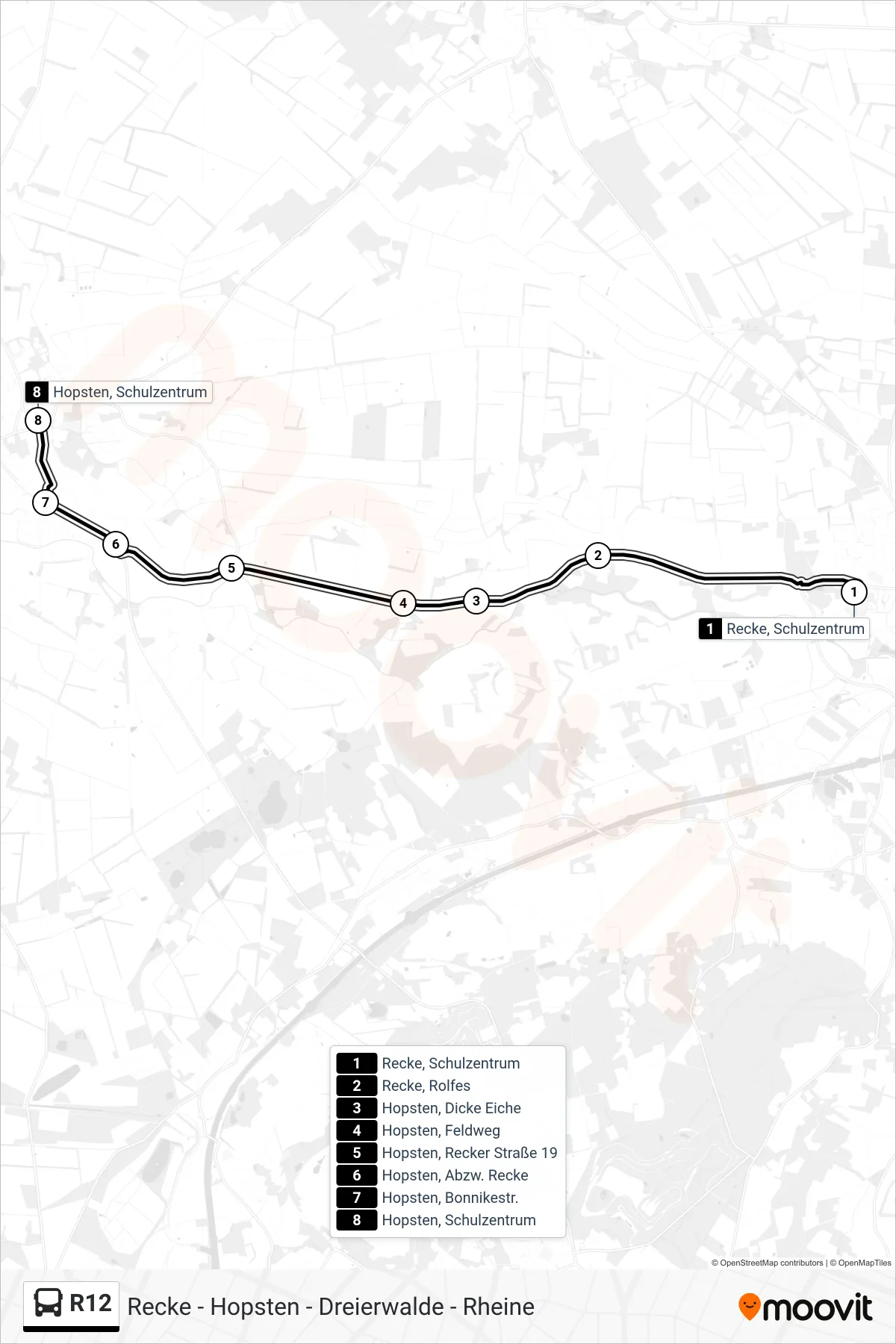 R12 bus Line (Hopsten, Schulzentrum F) route and stops on a map