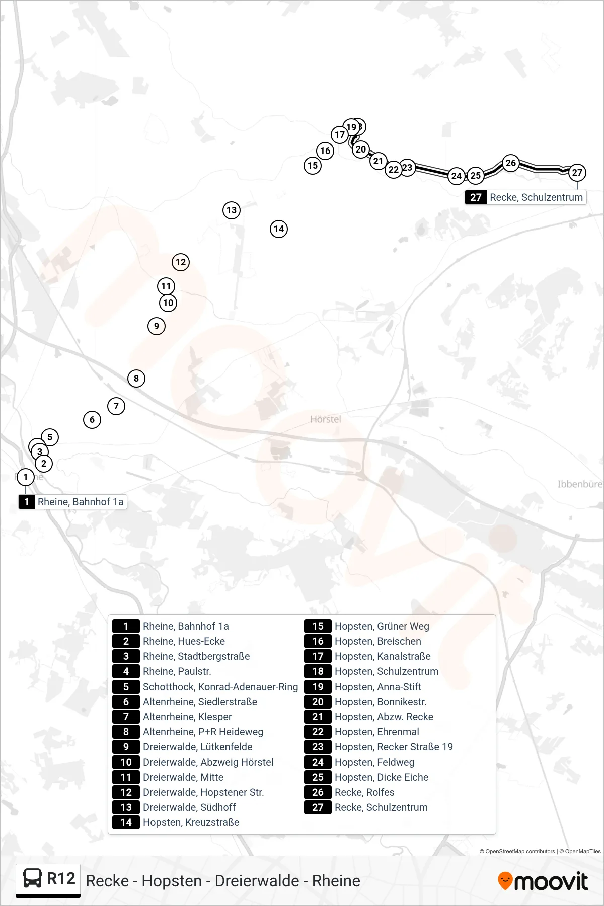 R12 bus Line (Recke, Schulzentrum Bstg H4) route and stops on a map