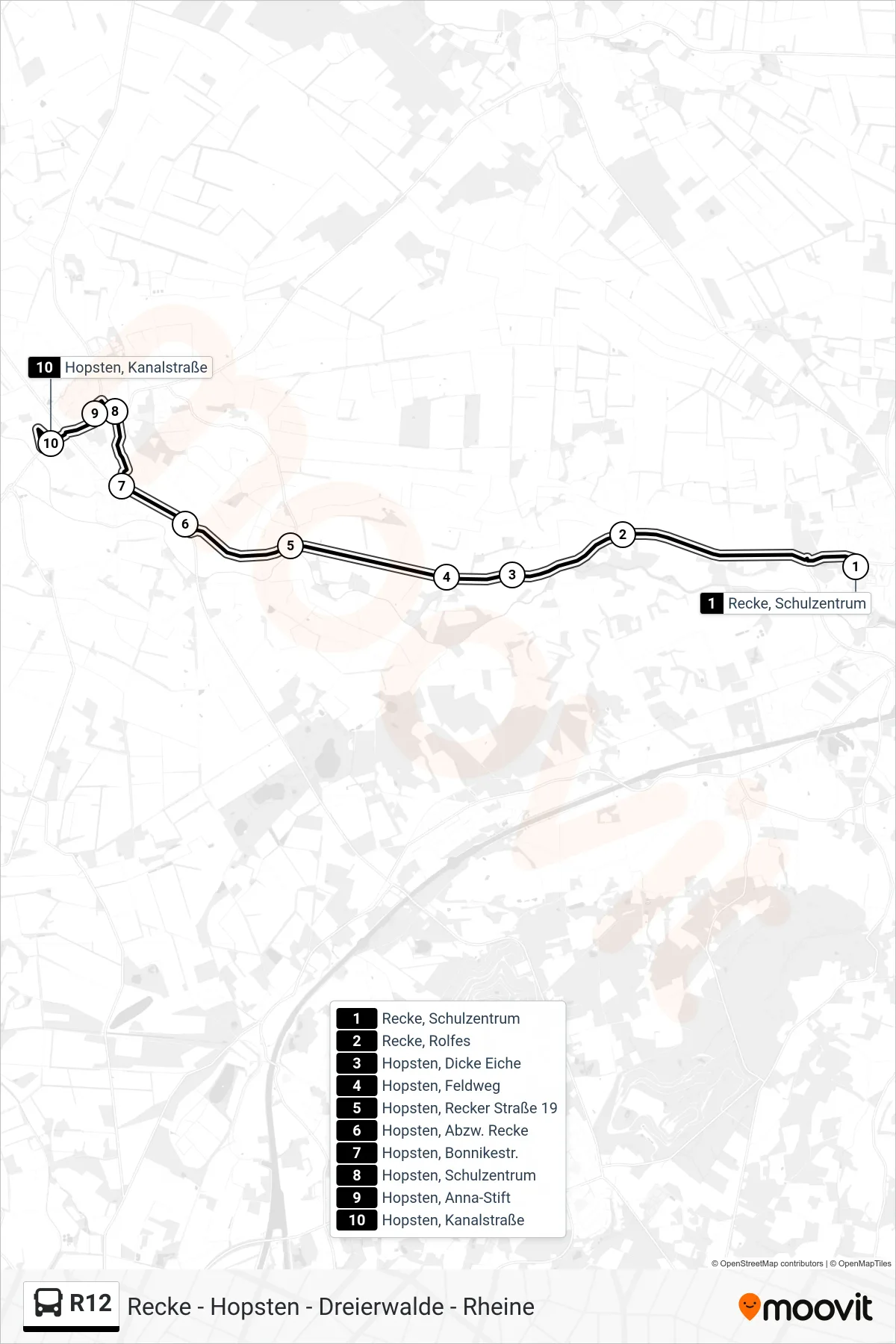 R12 bus Line (Hopsten, Kanalstraße) route and stops on a map