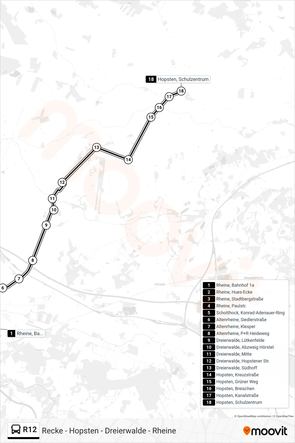 Linie R12 (Bus) Richtung Hopsten, Schulzentrum F: Route und Haltestellen auf der Karte